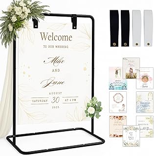 Welcome Sign Stand, Adjustable Sign Holder Stand w/ Poster Design Templates & Leather Straps, Heavy Duty Metal Easel for Wedding, Bridal Shower, Birthday Party, Baby Shower, 68" x 30" x 20"