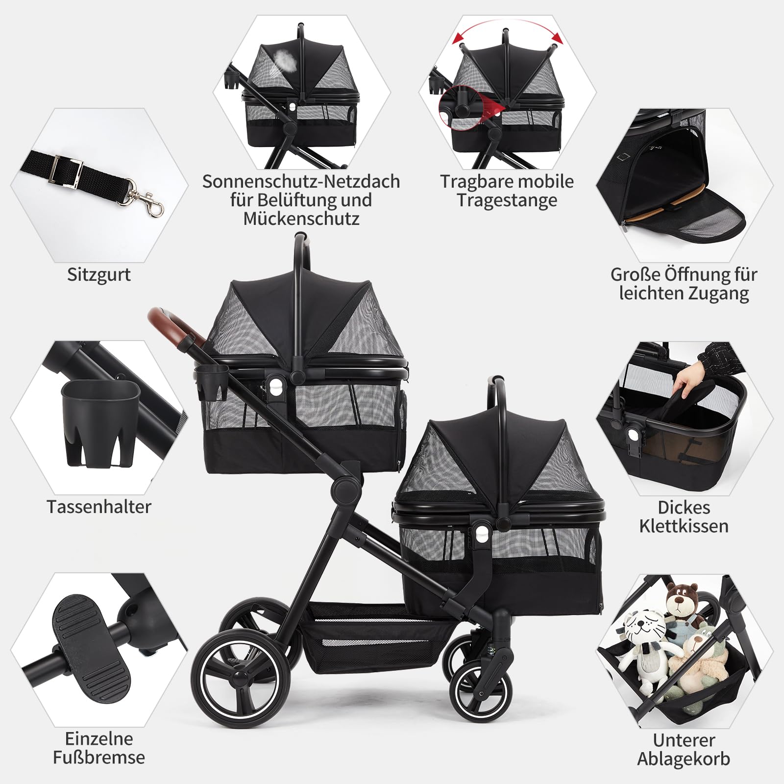 Carrito doble para mascotas 2 en 1, 3 en 1, con bolsa de transporte y asiento de coche, cochecito plegable para mascotas con capacidad de 50 LBS y amortiguador de golpes para perros y gatos