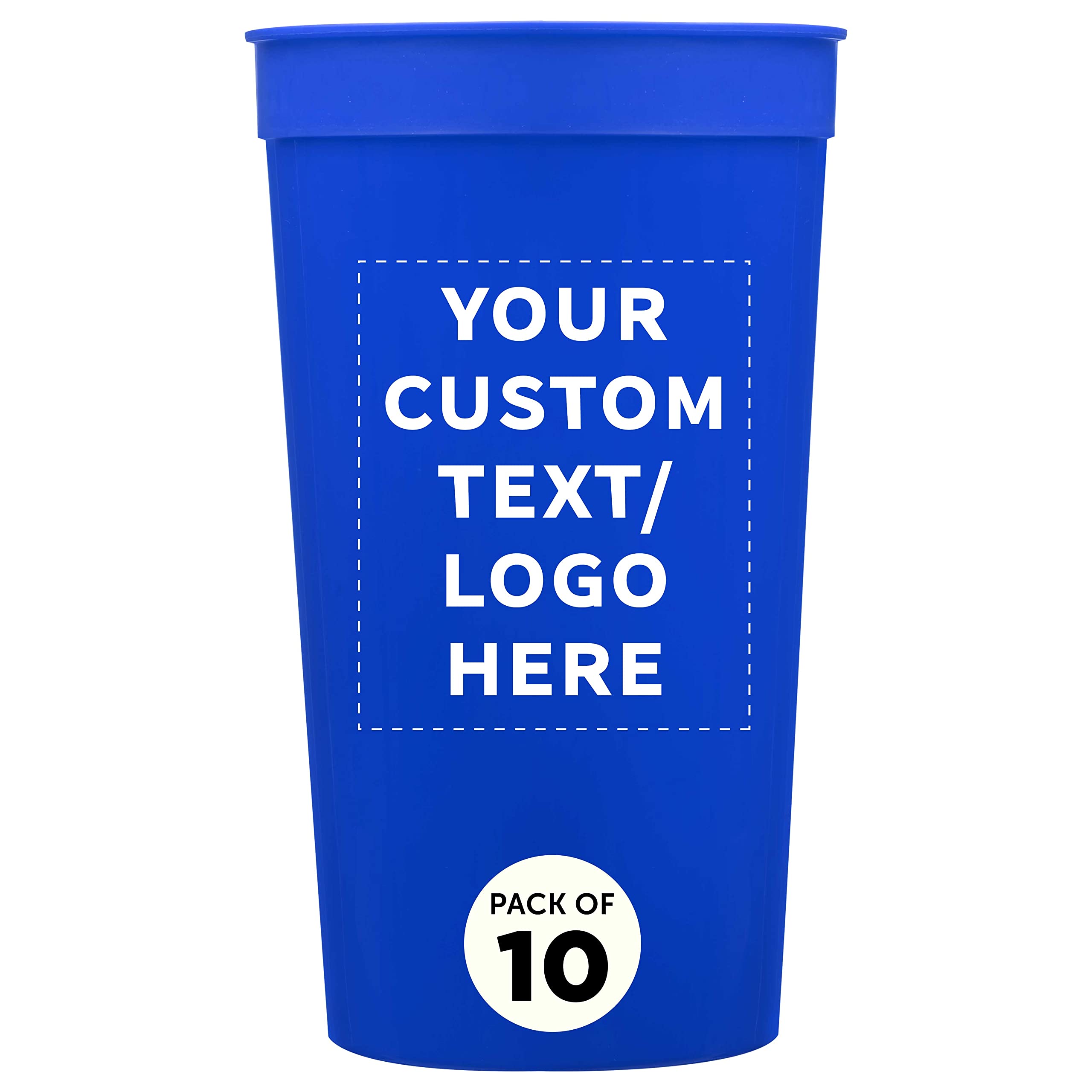 Custom Plastic Stadium Cups 32 oz. Set of 10, Personalized Bulk Pack - Perfect for Summer, Sporting Events, Birthdays, Picnic, Beach, Parties - Blue