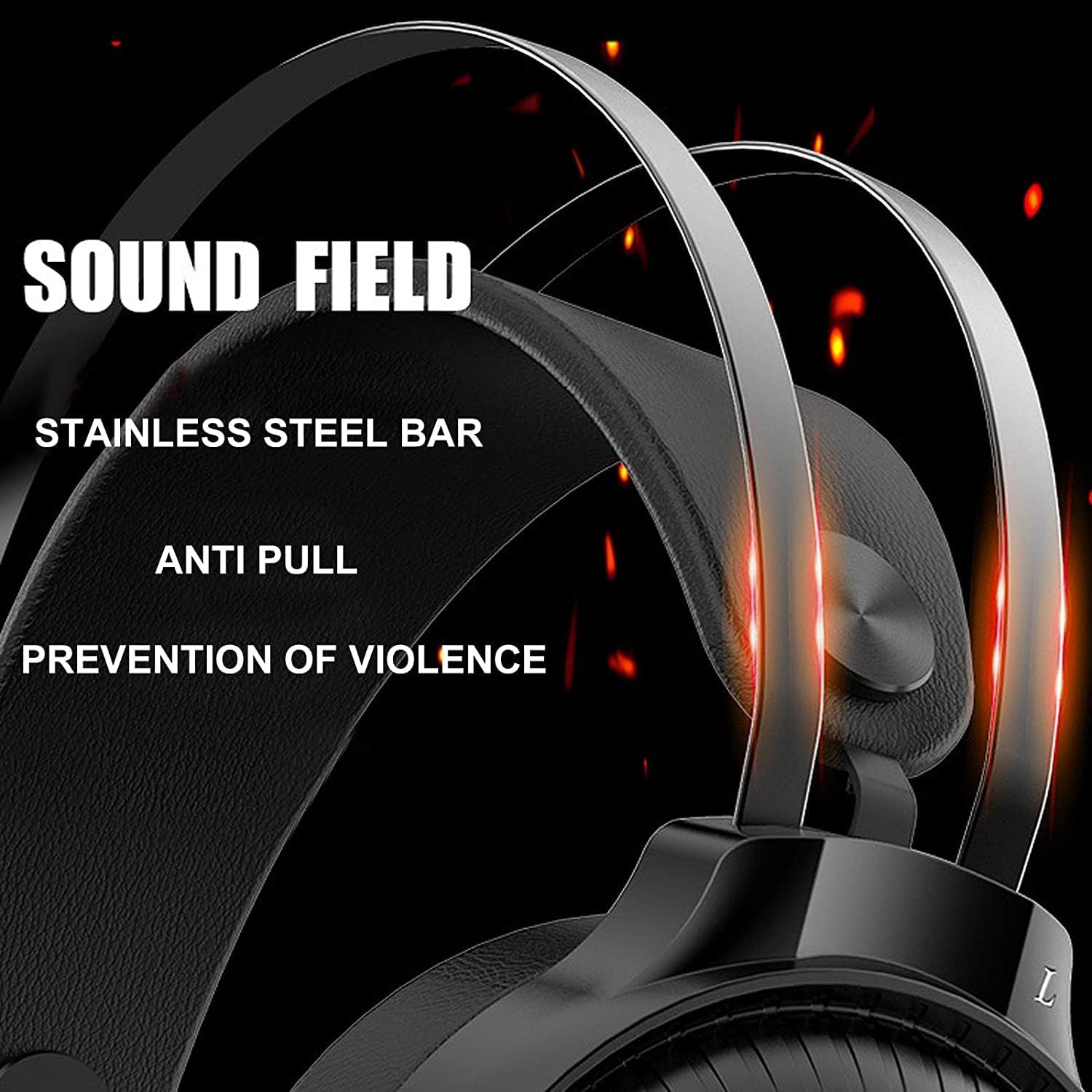 Close-up of headphone ear cup showing 50mm horn and stainless steel bar