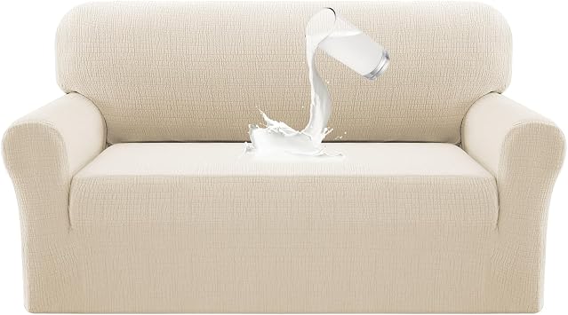 PrinceDeco Waterproof Couch Cover Slipcovers for Sofas,Stretch Loveseat Cover for 2 Seat Couch,Love Seat Sofa Covers Washable Furniture Protector for Kids, Pets Loveseat Seat Width 38"-46" Ivory