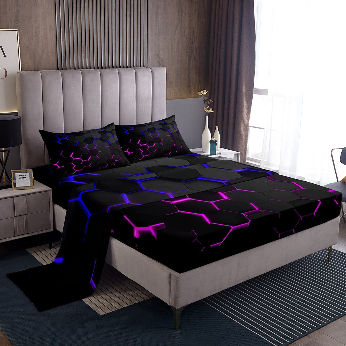 Honeycomb Hexagon Bed Sheets Kids Boys Blue Purple Neon Lights Sheet Set 3 Pcs Child Modern Sheets Set + Deep Pocket Fitted Sheets + Chic Creative Flat Sheet 1 Pillow Sham,Twin Size