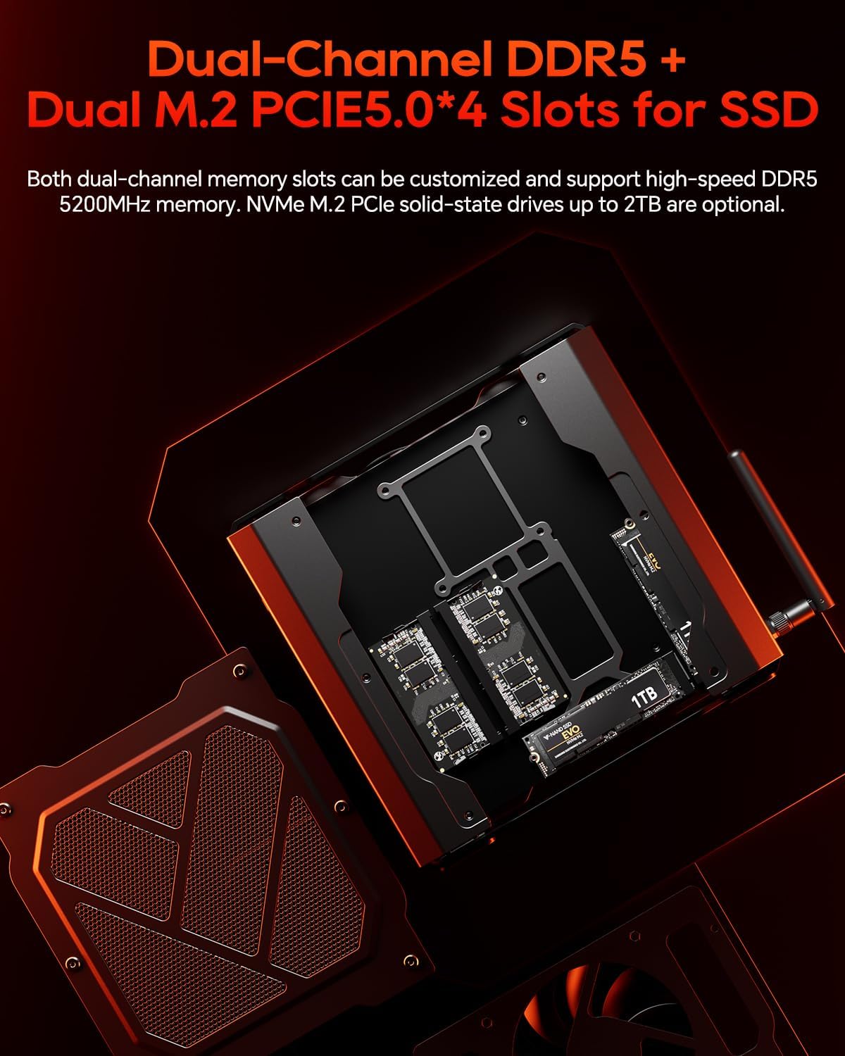 Internal view of AOOSTAR GODY Mini Gaming PC showing DDR5 and M.2 SSD slots