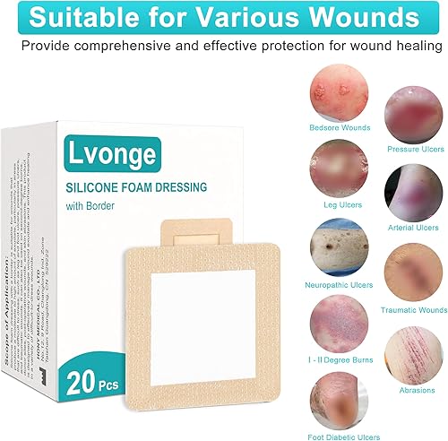 Miniatura 7 de Apósito de espuma de silicona con borde suave, paquete de 20 vendajes para heridas de 4 x 4 pulgadas, altamente absorbentes, grandes vendajes