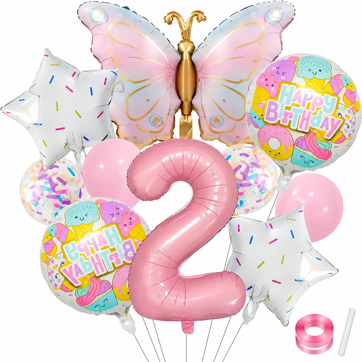 12 Piece 2nd Birthday Decorations for Girls, Pink Number 2 Balloon Set