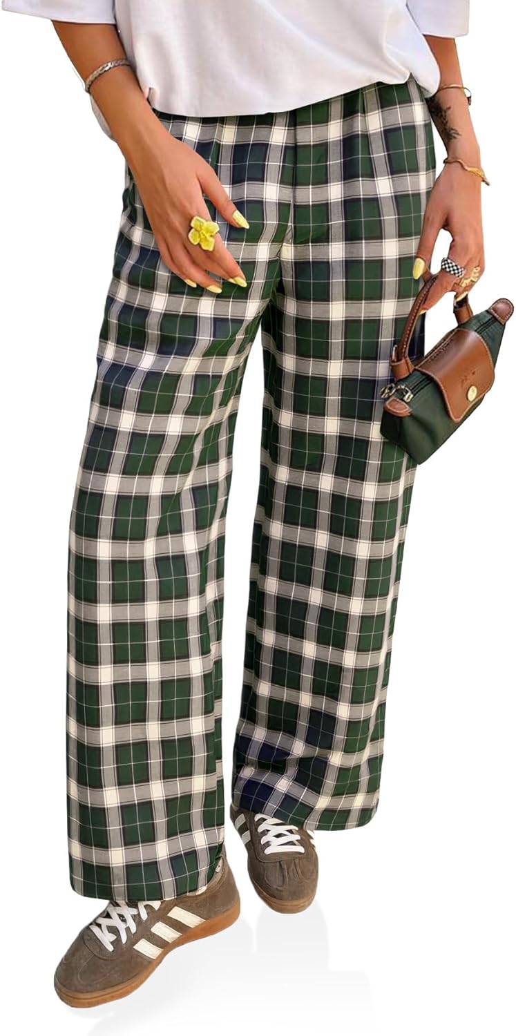 Cicy Bell Womens Wide Leg Palazzo Pants Casual Baggy Elastic Plaid Pants High Wiasted Y2K Trousers with Pockets