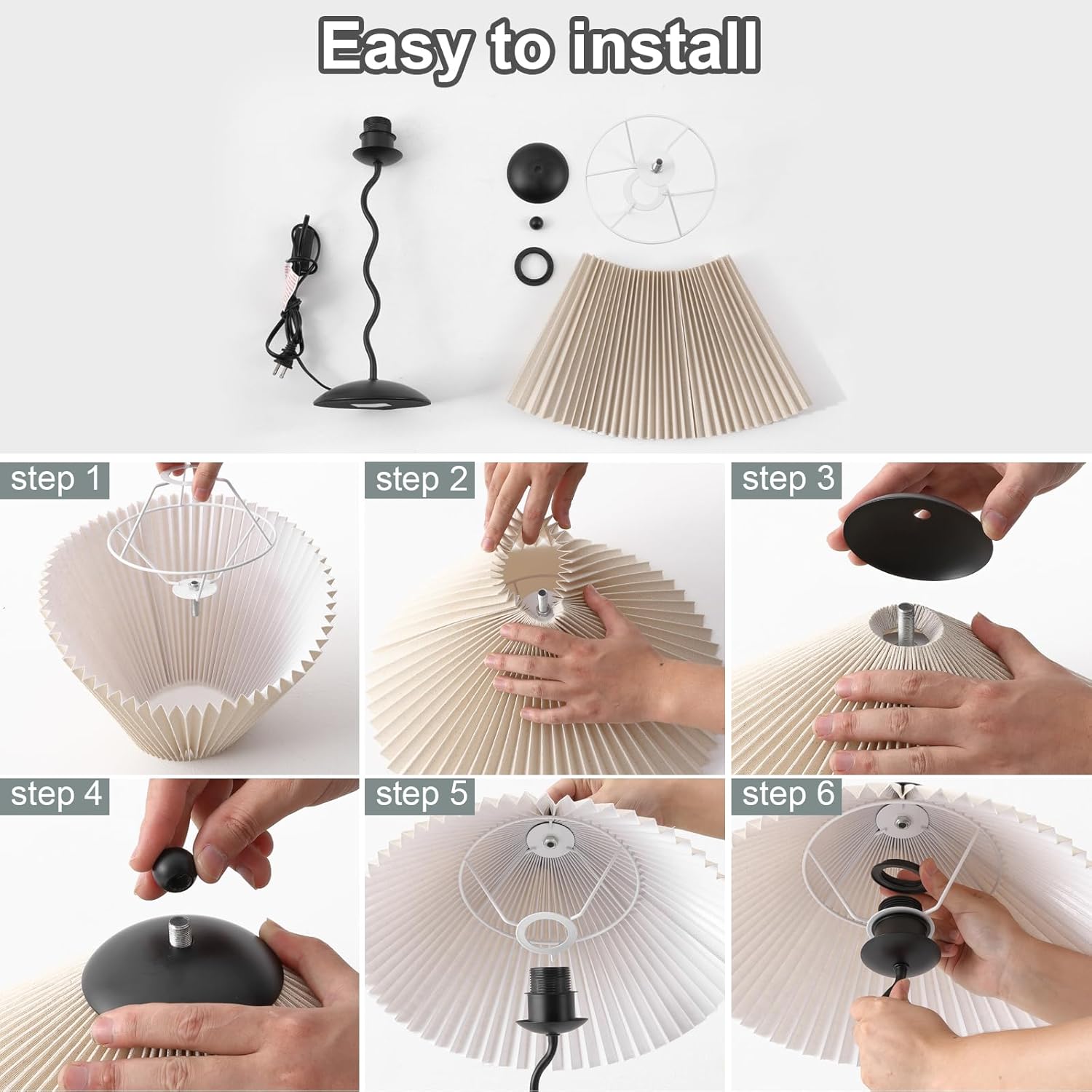 Pleated Table Lamp, S Tube Modern Table Lamp for Bedroom, Bedside Lamps with Organic Textured Linen Lampshade for Nightstand Bedroom Home Office Decor, Black