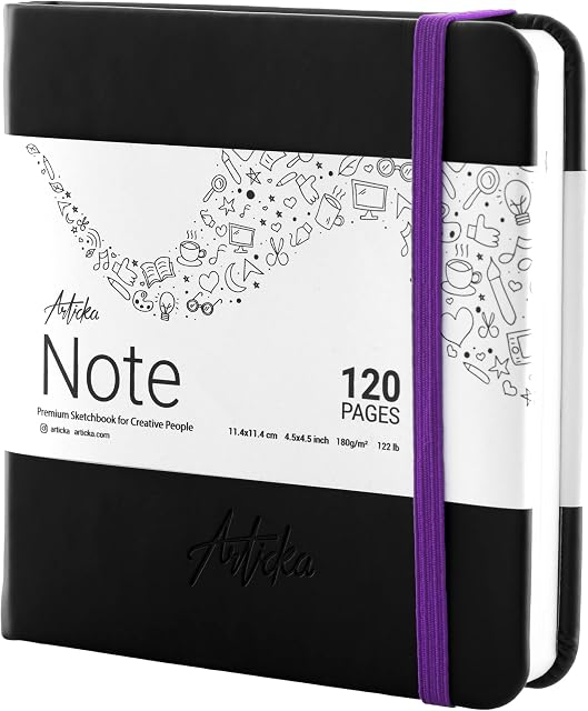 Articka Note Hardcover Sketchbook  Square Hardbound Sketch Journal  4.5 x 4.5 Inch Art Book  120 Pages with Elastic Closure  180GSM Paper  Ideal for Pencils, Graphite, Charcoal, Pen