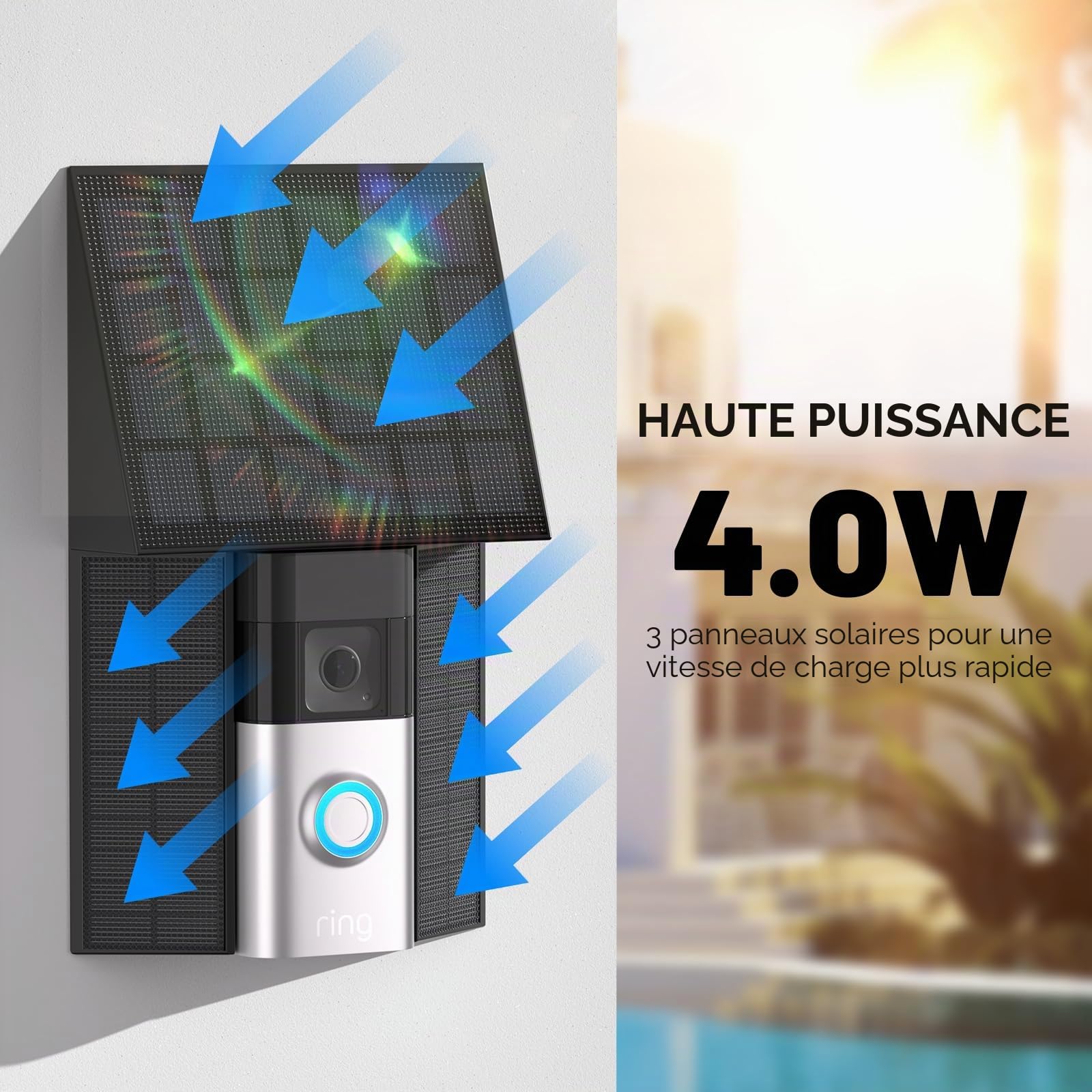 Chargeur solaire 4W compatible avec la sonnette de porte Ring à batterie (Port USB-C) Étanche Panneau solaire pour sonnette Ring - Noir 1 Pack
