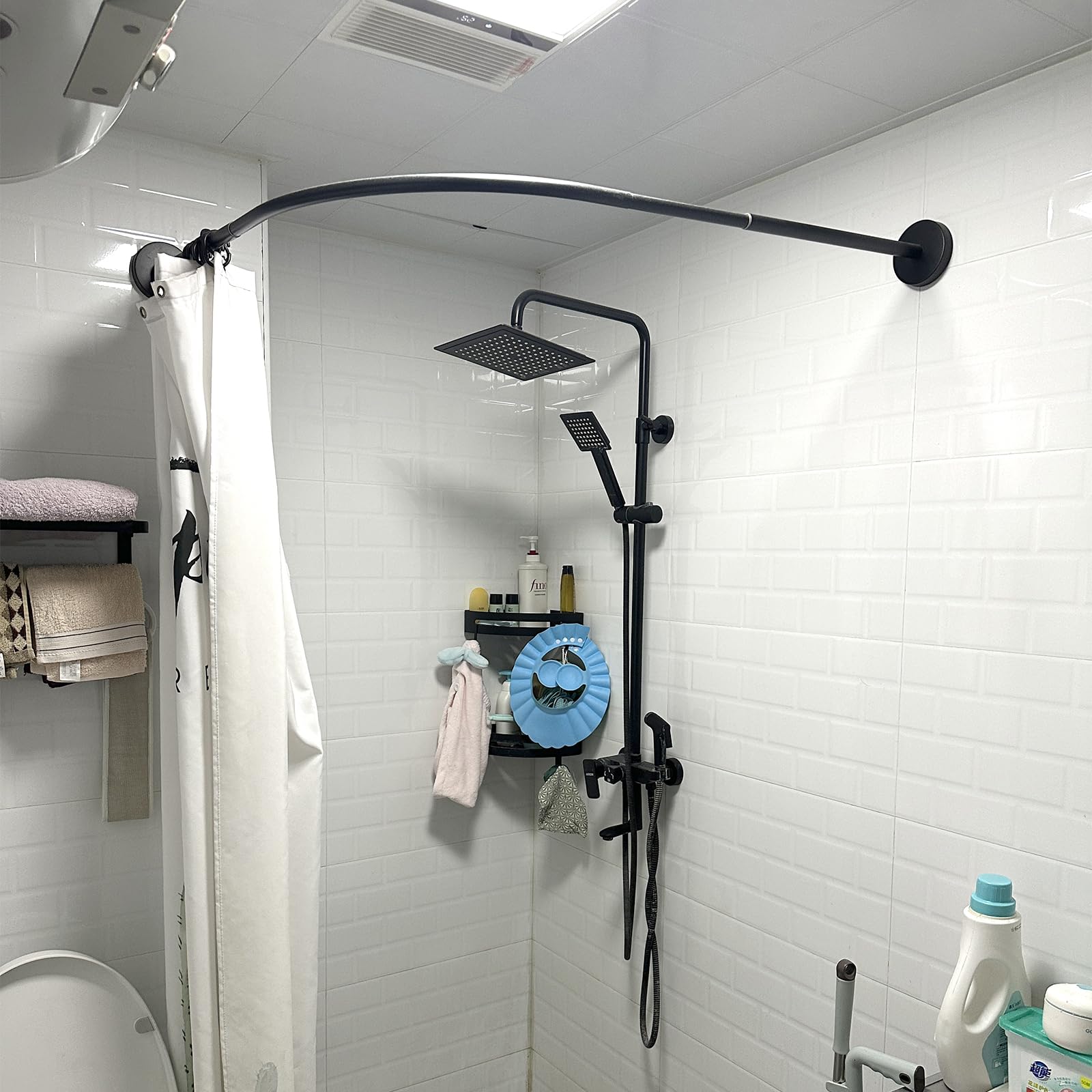 Shower Rod Curved No Drill, Adjustable L Shaped Shower Rail No-Sagging, 304 Stainless Steel Wall Mounted Shower Curtain Rod Rail, For Bathtub Cloakrooms, Black(Size:D 70-95cm x 105 -165cm,Color:Black)
