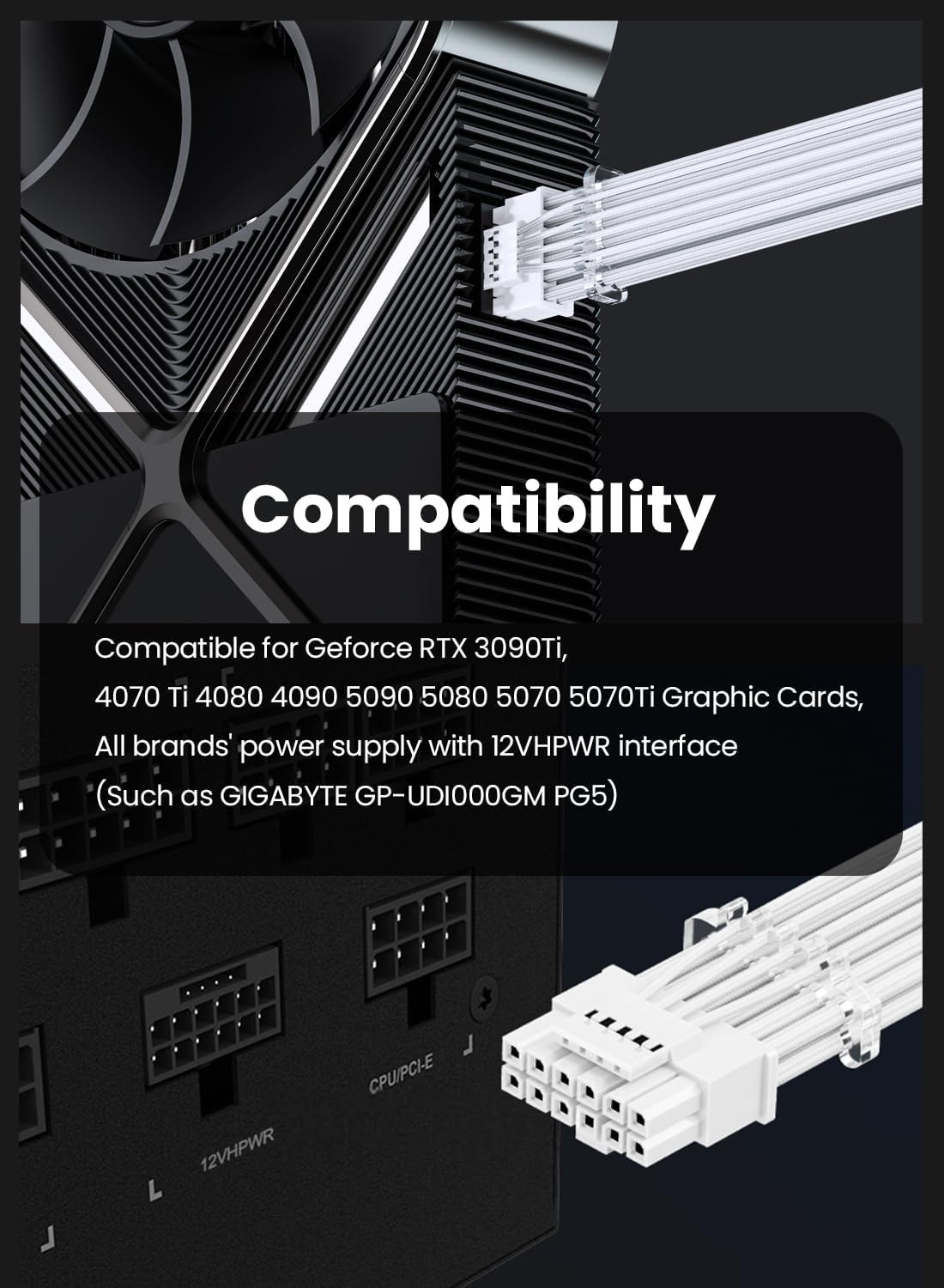 Fasgear 16pin(12+4) GPU Power Cable - 70cm PCI-e 5.0 600W 12VHPWR Male to Male 12V-2x6 PSU Sleeved Cable for RTX 5070 Ti 5090 5080 4070Ti 4090 4080 to ATX 3.1/3.0 Modular Power Supply (White)