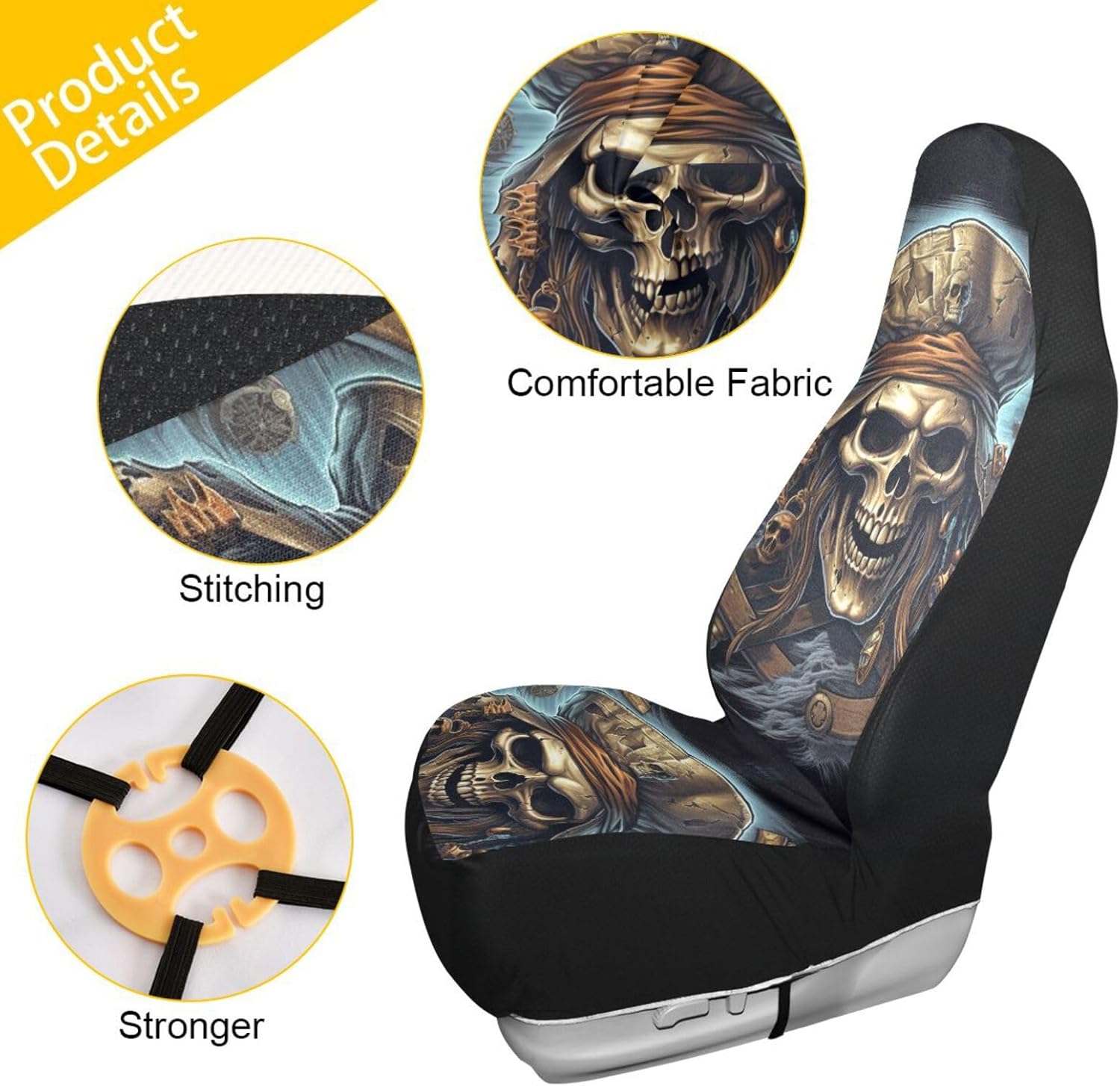 Car Front Seat Covers Pirate Skull with Hat Print, Universal Fit Automotive Seat Protector with Back Pocket 2 Set