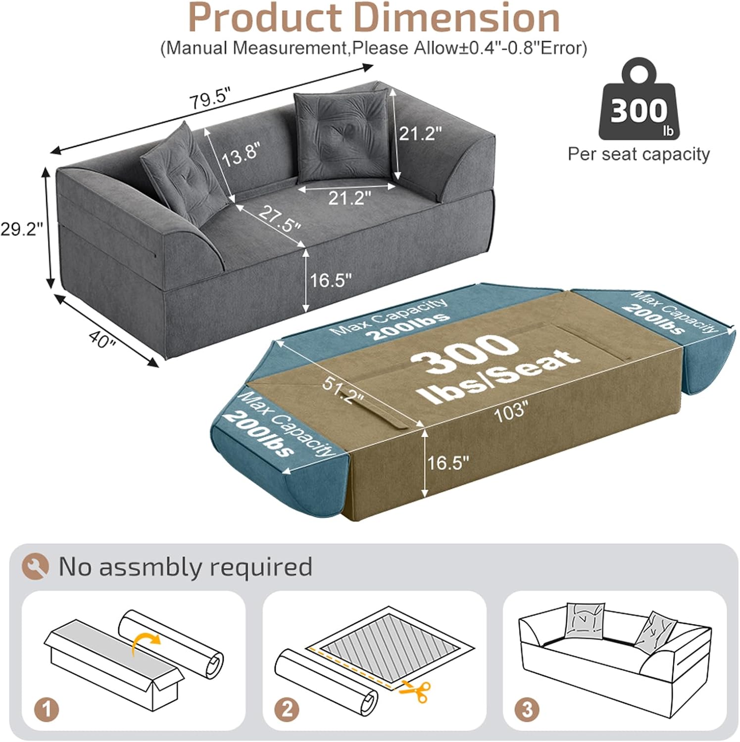 79.5" Convertible Sofa Bed, 3-in-1 Chenille Fabric Futon Sofa witn 2 Pillows for Living Room, Studio, Office (Grey)