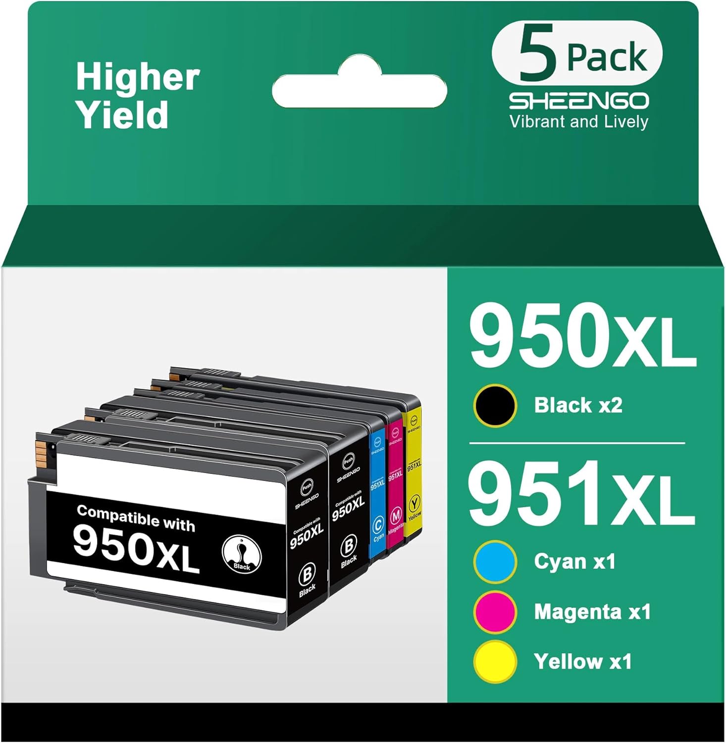 SHEENGO 950XL and 951XL Ink Cartridges Combo Pack Compatible for HP 950 951 Ink Cartridges Combo Pack for HP OfficeJet Pro 8600 8610 8620 8615 8625 8100 8630 8660 276DW 251DW Printer (5 Pack)