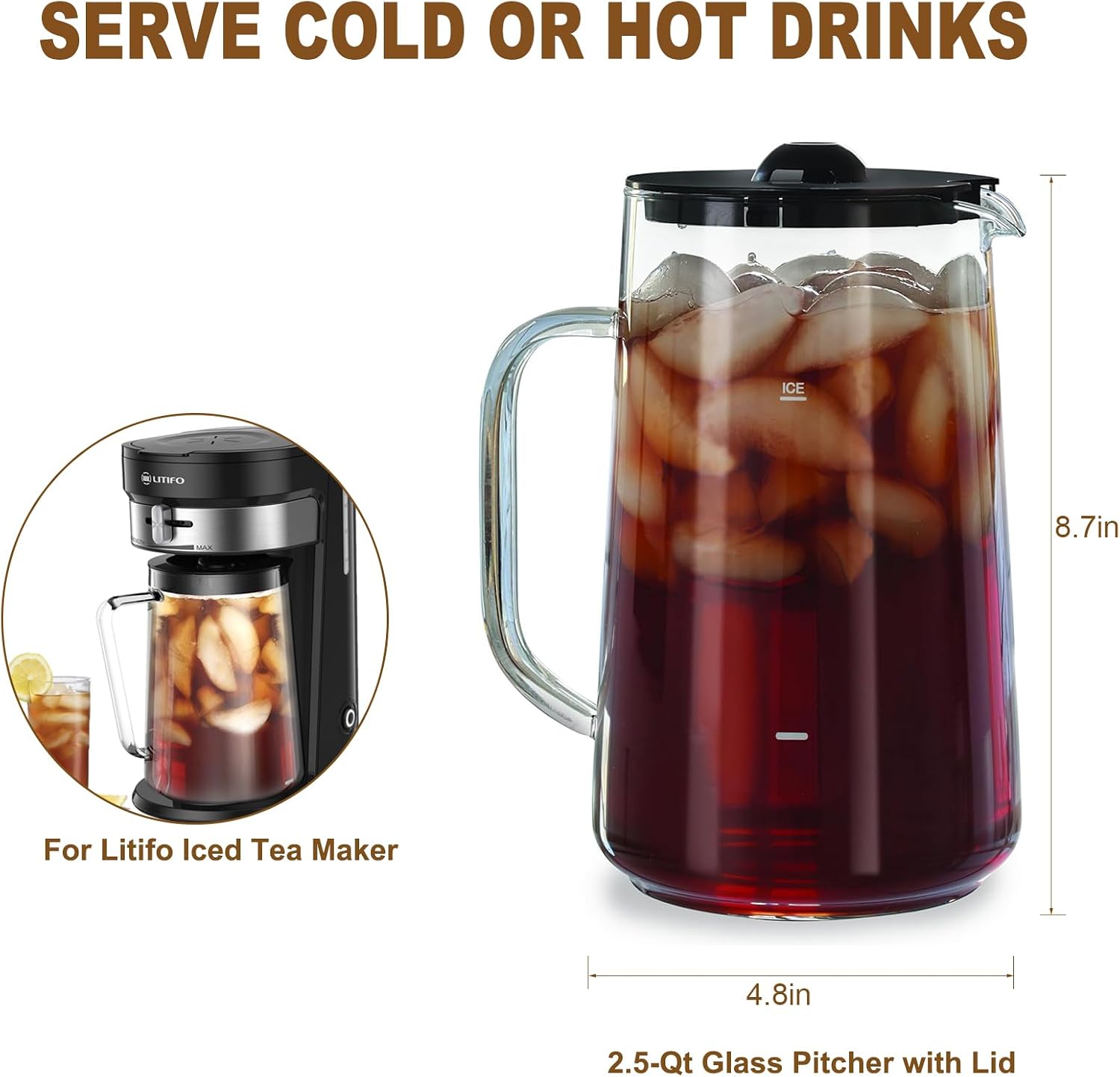 Iced Tea Pitcher With Lid for Litifo Iced Tea & Coffee Maker, 2.5-quart, Glass