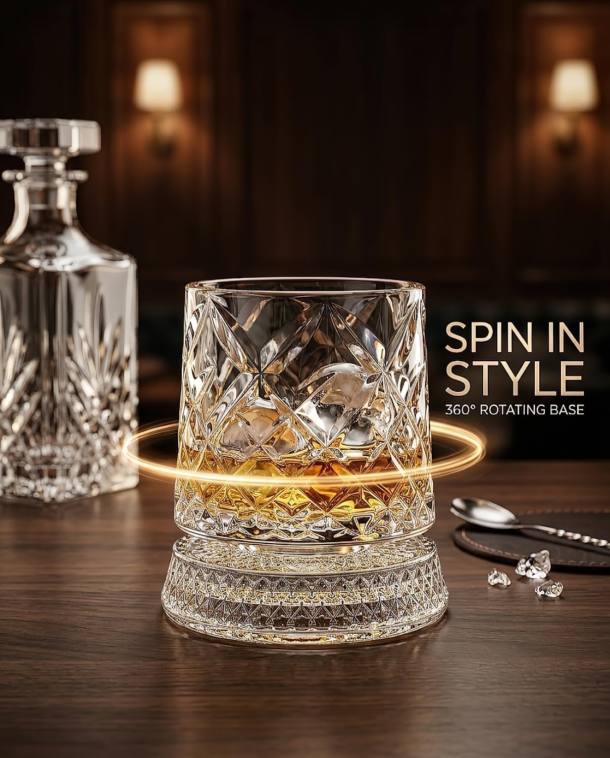 Spinning Whiskey Glasses Set of 4, 9.5 oz Rotating Rocks Glasses (Diamond) image 3