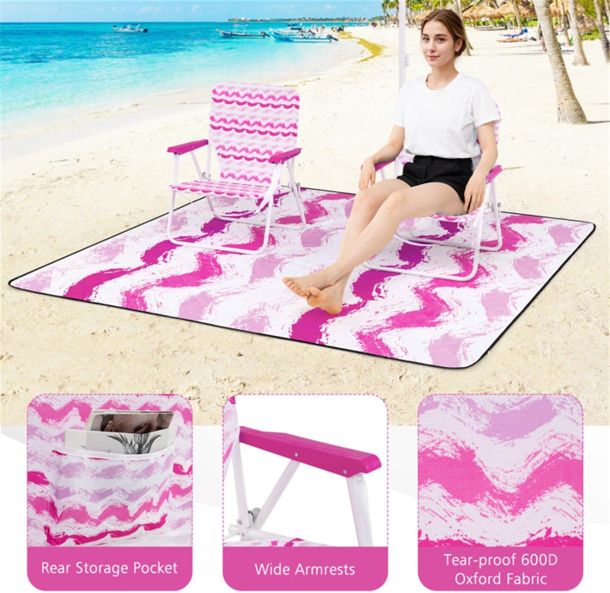4-Piece Kids Beach Set with 2 Folding Chairs, 6.2 ft Sun-Proof Umbrella & 80x80 Inch Waterproof Blanket, Pink