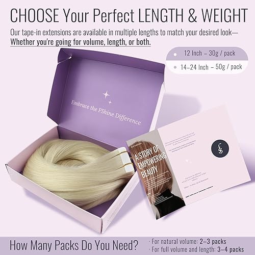 Miniatura 5 de Fshine Extensiones de cabello humano rubio con cinta adhesiva, 12 pulgadas, extensiones de cabello real color rubio blanco con trama cutánea,