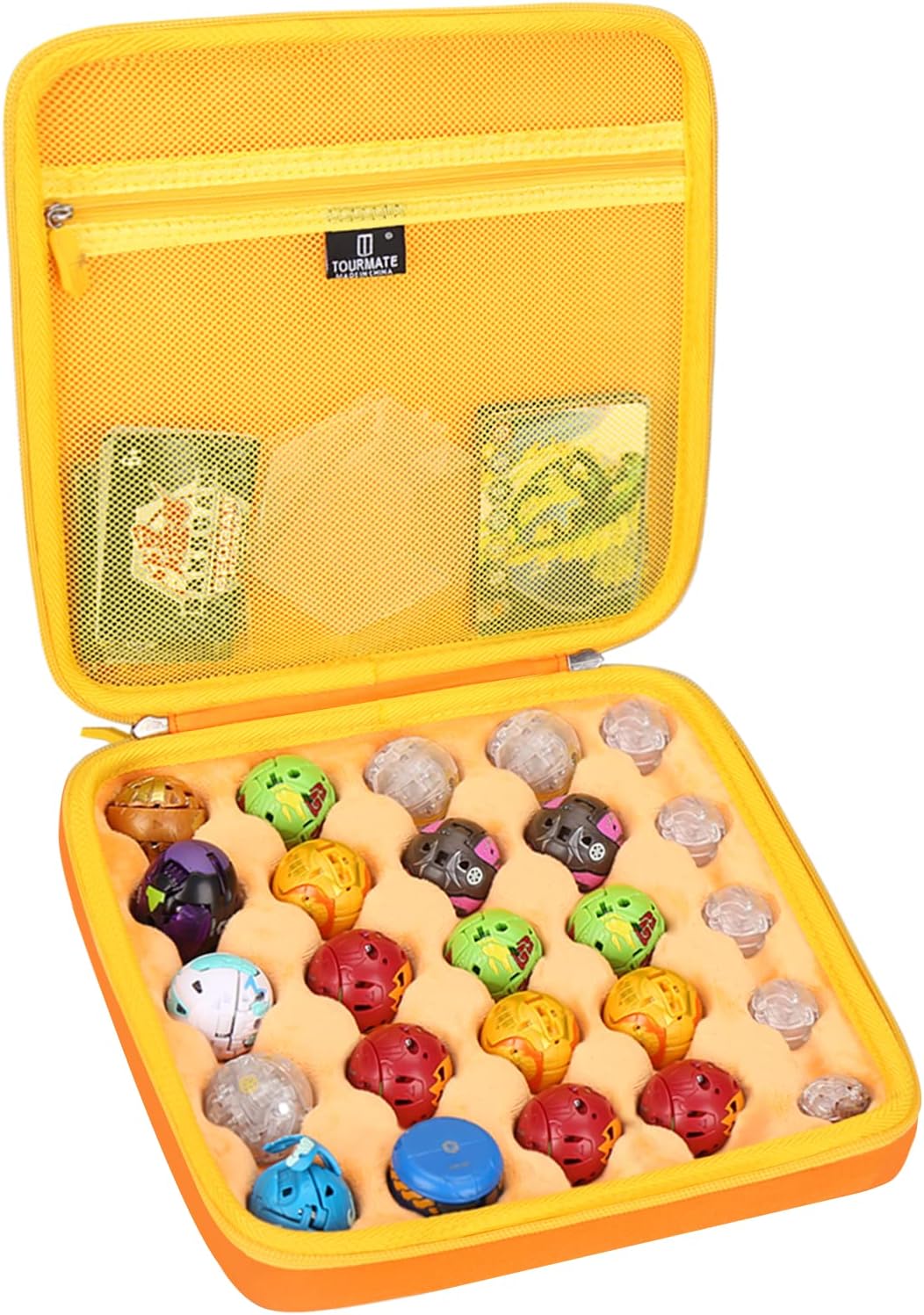 Toy Organizer Storage Case Compatible for Bakugan Figures, BakuCores, Armored Alliance, Geogan Rising, Mini Toys Holder Bakugons Box for 25pcs with Accessories Mesh Pocket (Box Only, Orange)