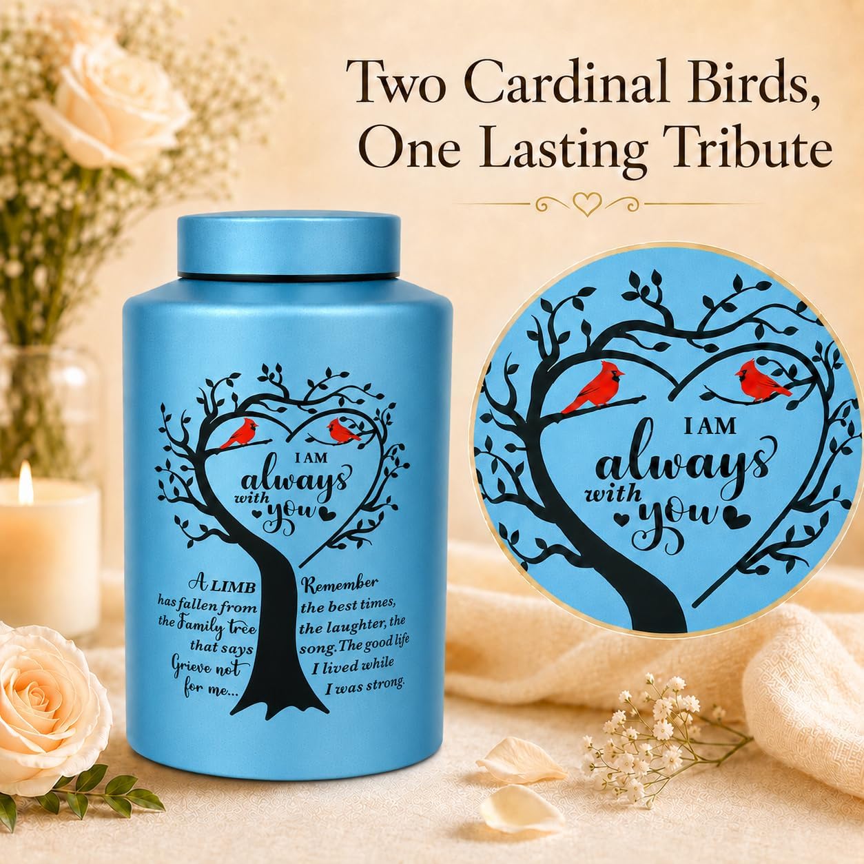 Large Stainless Steel Cremation Urns for Human Ashes Adult Female Man, Urn for Ashes Up to 220 lbs, Decorative Funeral Burial Memorial Urns with Cardinal Bird Design, Blue
