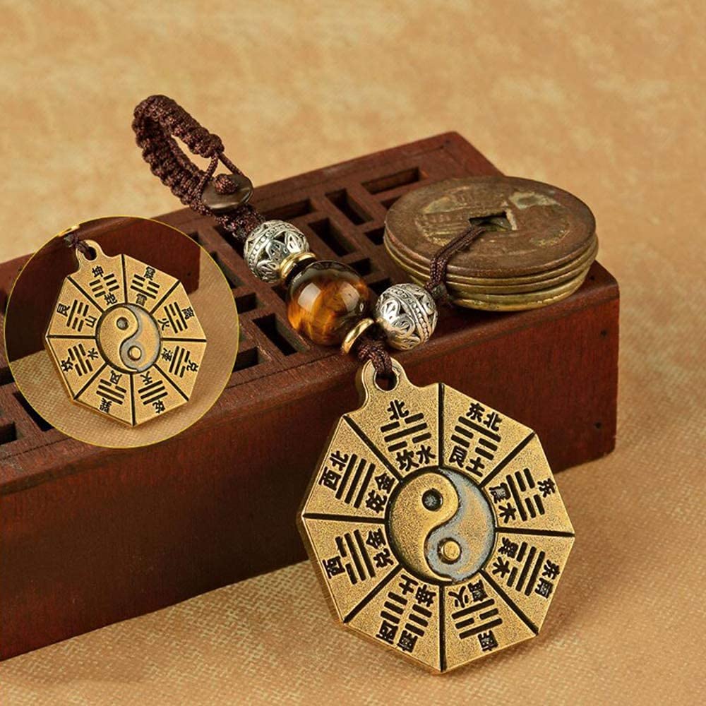 Feng shui amulet karta, gadżety egzorcystyczne, chińskie lustro Bagua Feng Shui lustro plotkarskie Tai Chi Pięć Cesarzy Pieniądze Miedź Pieniądze Brelok Breloczek Wisiorek Ozdoba (Kolor: D)
