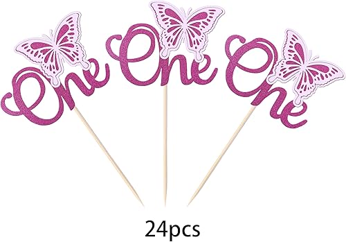 Miniatura 3 de Rsstarxi Paquete de 24 adornos de mariposa para cupcakes con purpurina para primer cumpleaños, mariposa, para baby shower, niños y niñas,