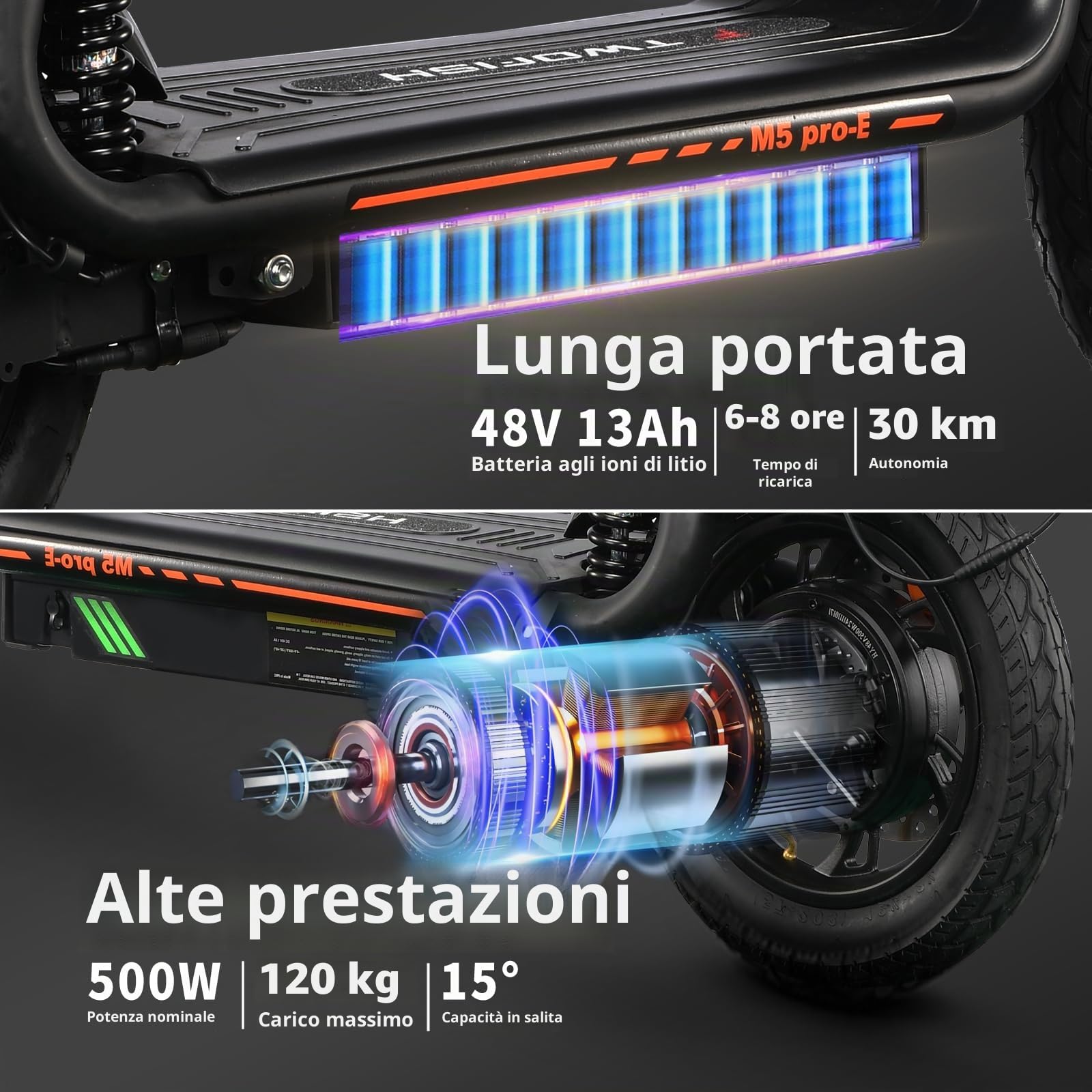 TWOFISH Monopattino Elettrico Omologato per la Circolazione su Strada (EEC), Scooter Elettrico da 12 Pollici per adulti con Motore da 500 W, Batteria da 48 V e 13 Ah, Autonomia di 30 km
