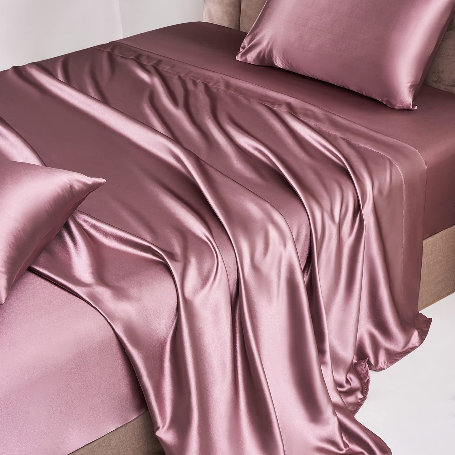 Jemiipee Completo Lenzuola Raso Matrimoniale Tinta Unita 180x200x36 cm - Lenzuola Sotto con Angoli Matrimoniali, Lenzuolo Sopra, 2 Federe - Biancheria da Letto Satin 4 Pezzi - Malva