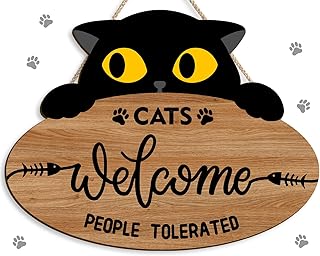 Funny Cat Welcome Sign, Cats Welcome People Tolerated Kitty Kitten Footprint Wooden Plaque,Black Cat Wall Decor, Funny wooden Sign For Pet Shop Home,Cat Lover Gifts (9 x 12 inch, Cats Welcome People Tolerated)