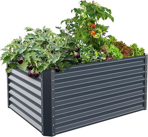Miniatura 12 de Caja de jardín elevada galvanizada para exteriores, camas de jardín elevadas de 17 pulgadas de alto, macetas de jardín al aire libre, cajas de Gris