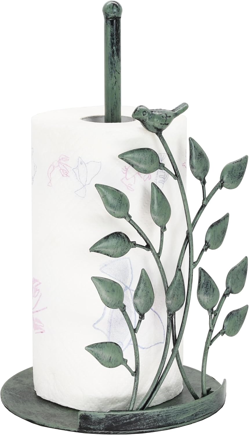 Owlgift Rustic Green Bird Paper Towel Holder for Kitchen - 12.8" Cast Iron Finial & Iron Standing Dispenser with Leaf Tension Arm - Vintage Botanical Farmhouse Decor for Standard & Jumbo Rolls image 5
