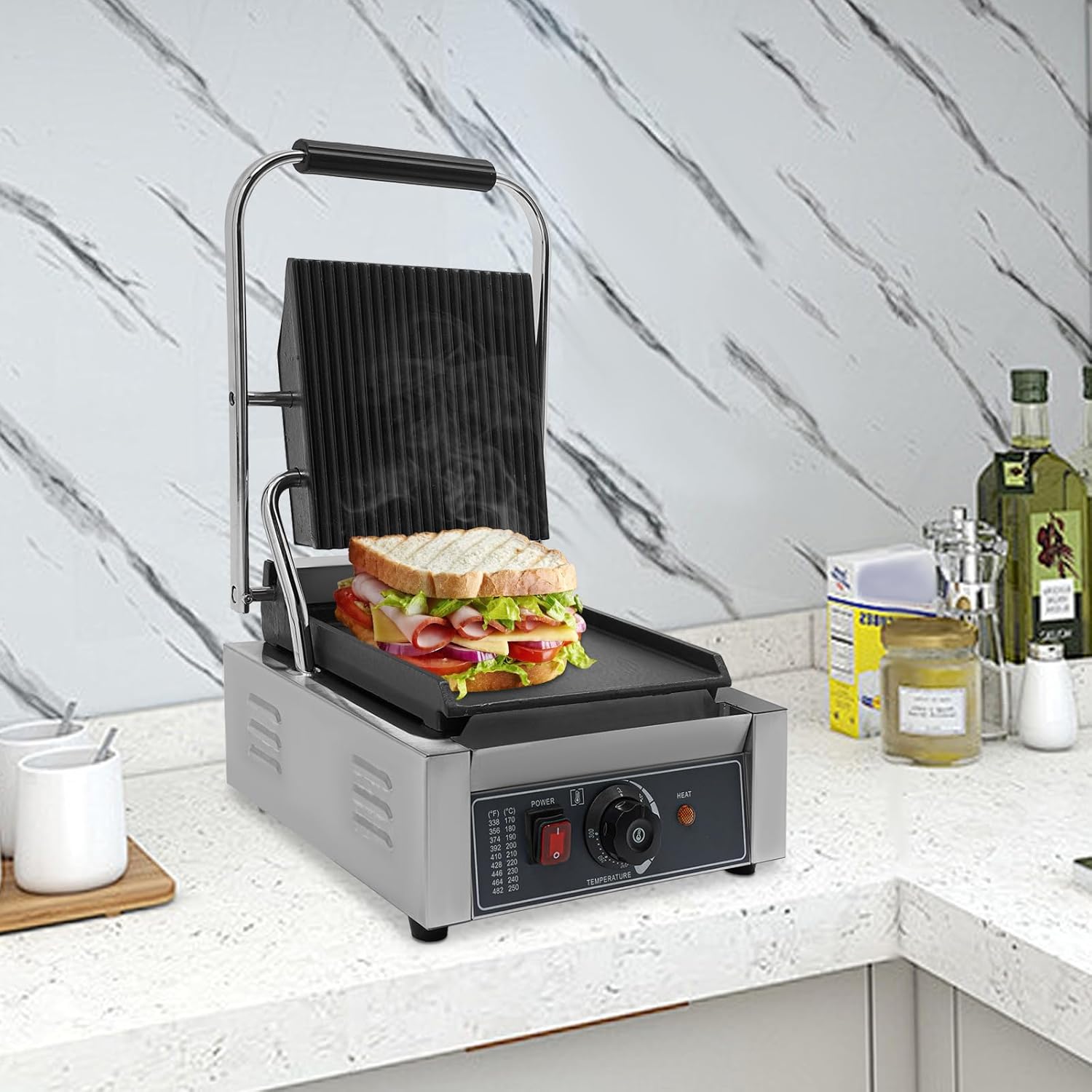 JOMCYDM 1800W Electric Stainless Steel Sandwich Maker, Sandwich Machine Pannini Maker,Commercial Sandwich Panini Press Grill to Grill Bread, Panini Sandwiches, Hamburgers, Chicken, Beef