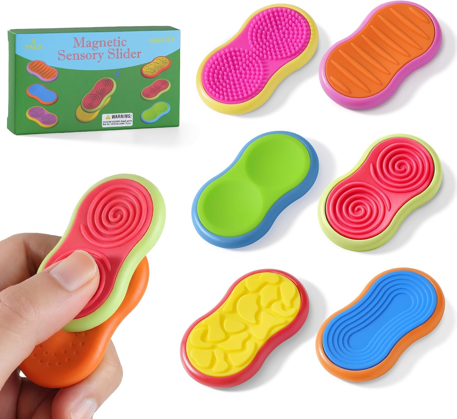 Sensory Fidget Magnet Toys for Kids & Adults, 6 Pack Silicone Magnetic Sliders Stress Relief Anxiety for ADHD Autism, Adults Office Desk/Travel/Classroom Toys ﻿for Focus, Stocking Stuffers Gifts