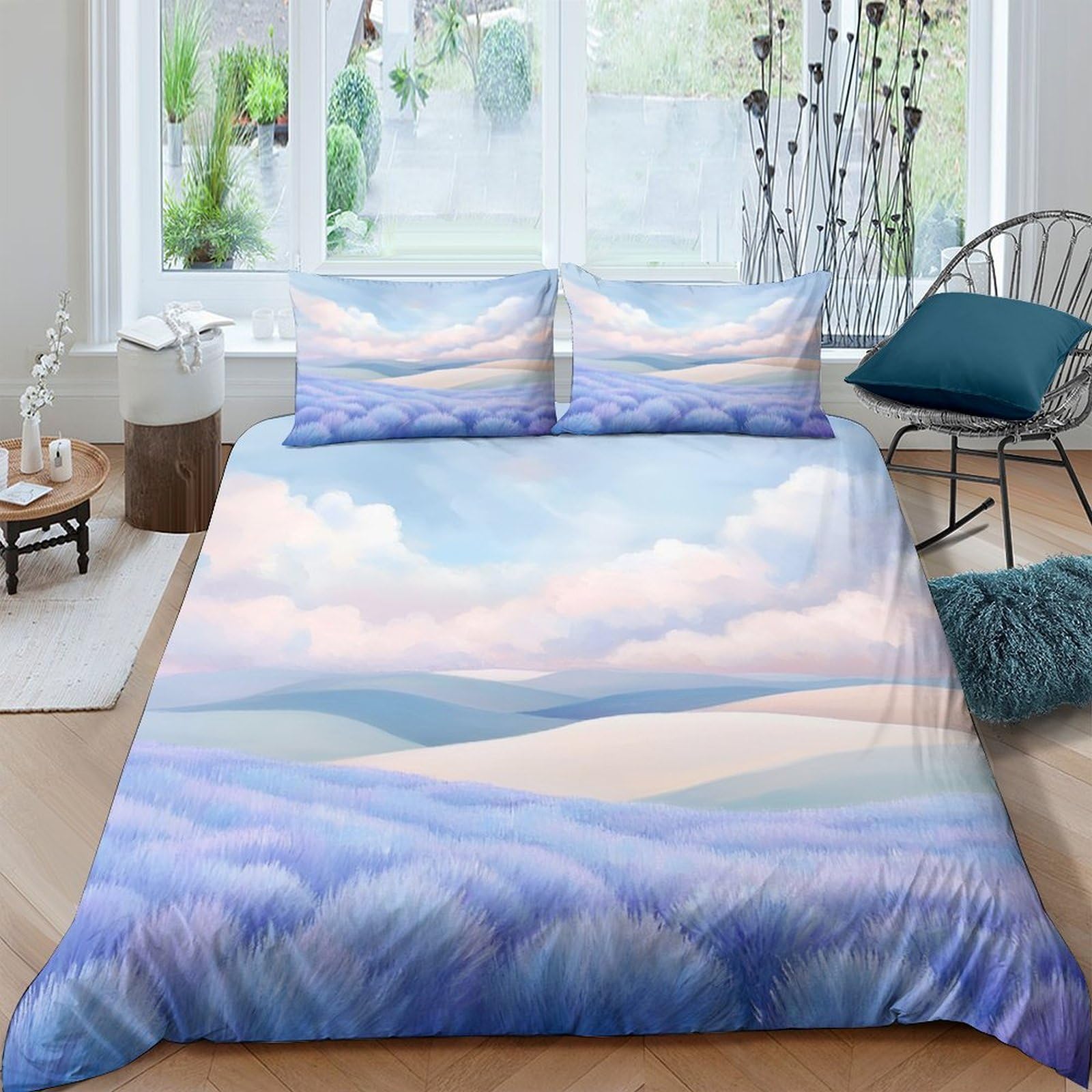 Ctjqhvkz Style-3 3D Printed Pastel Sky Landscape Fitted Sheet Microfiber Soft Lavender Field Bed Cover For Bedroom Guest Room Decor Single（135X200cm）