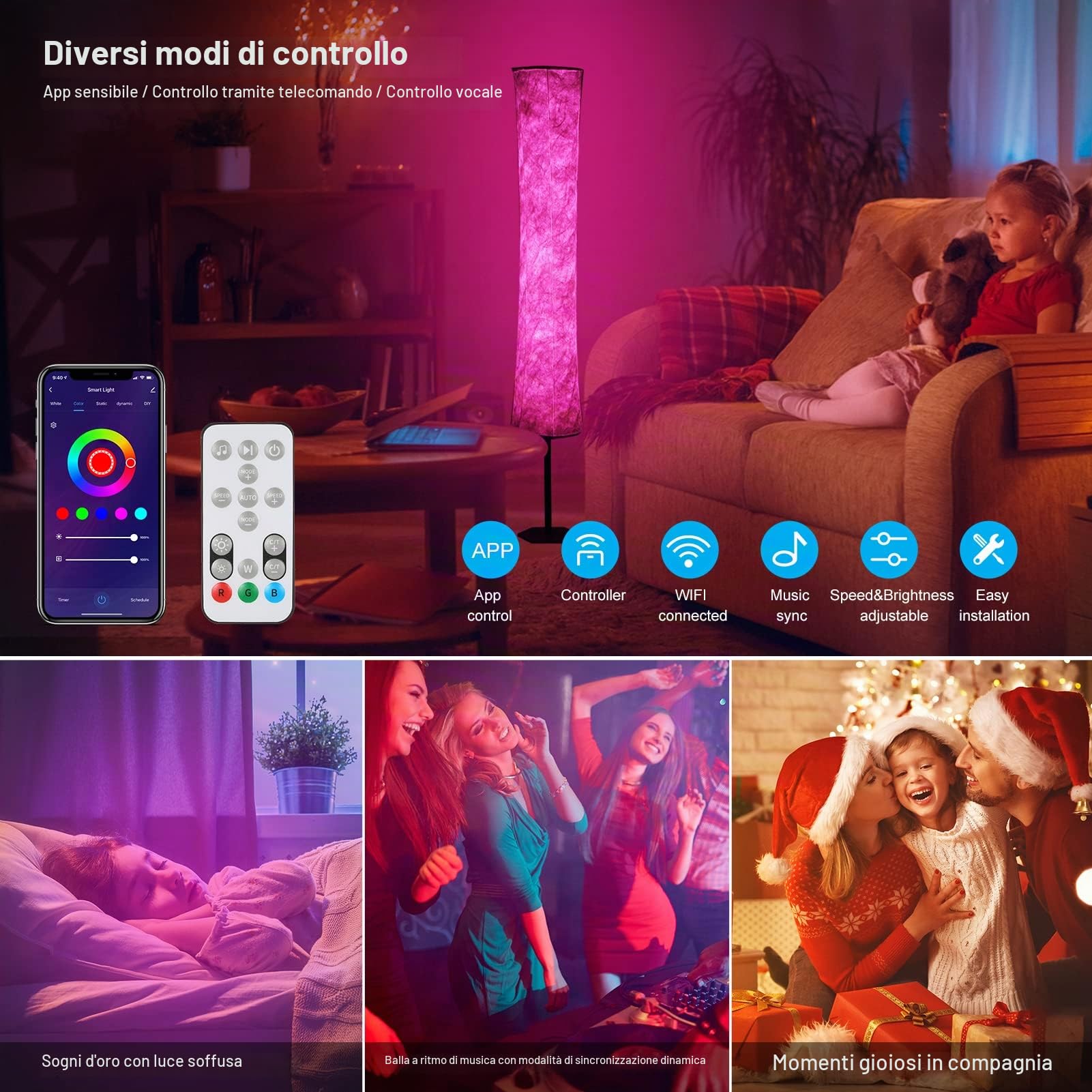 Neoglint Lampada da Terra LED Dimmerabile,11W RGB Lampada Terra con Controllo App Telefono,32 Modalità Multicolori,Sincronizzazione Musica,Velocità Luminosità Regolabile, Soggiorno Camera da Letto
