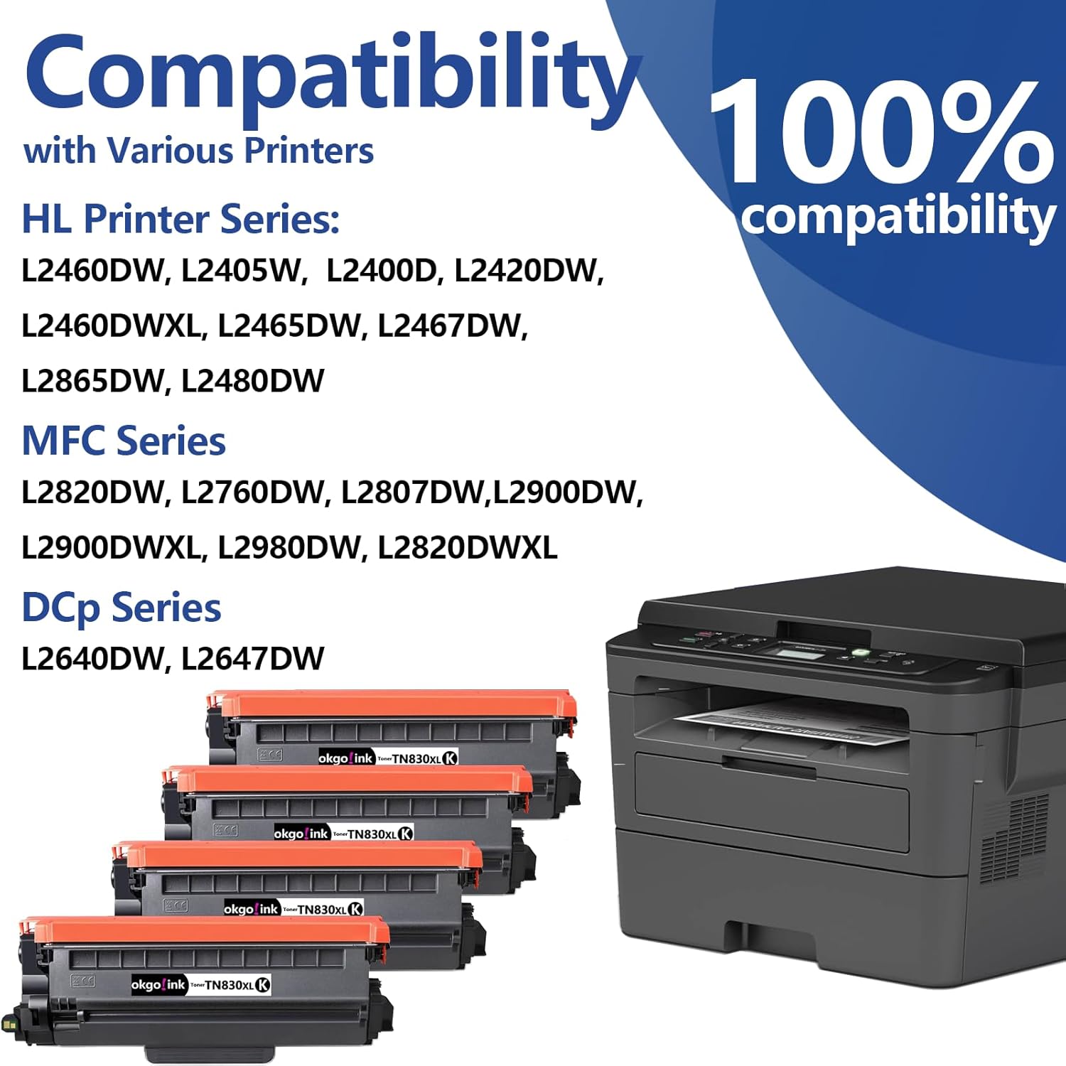 Compatible TN830XL TN830 Toner Cartridge Replacement for Brother TN-830XL TN-830 XL TN830xl/v Toner with DCP-L2640DW HL-L2460DW HL-L2480DW HL-L2400D HL-L2405W MFC-L2820DW Printer ,4 Pack Black