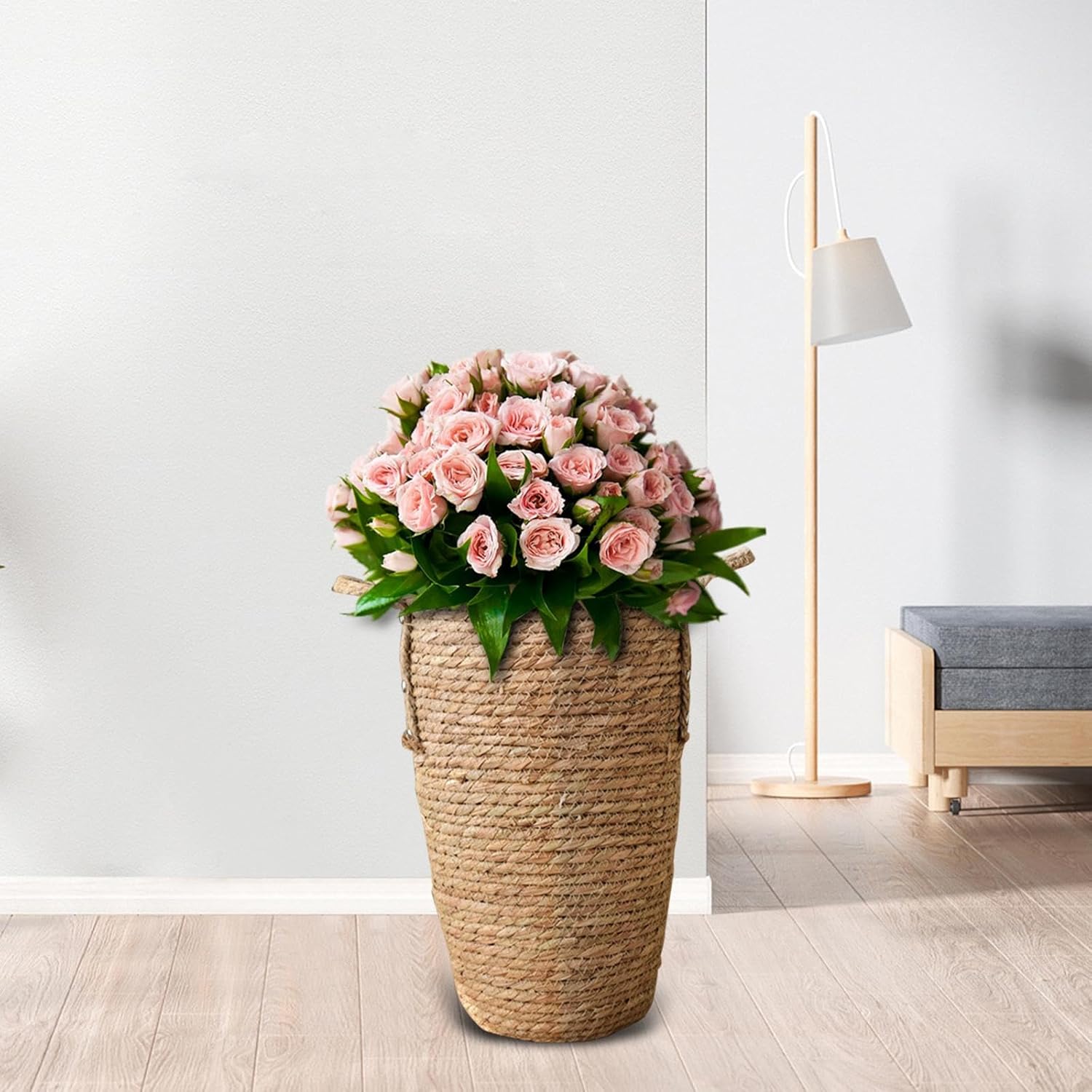 Grass Rattan Woven Plant Basket Flower Pot PP Lining with Handles Lightweight Multifunctional Rustic Plant Container for Laundry Room, Size M