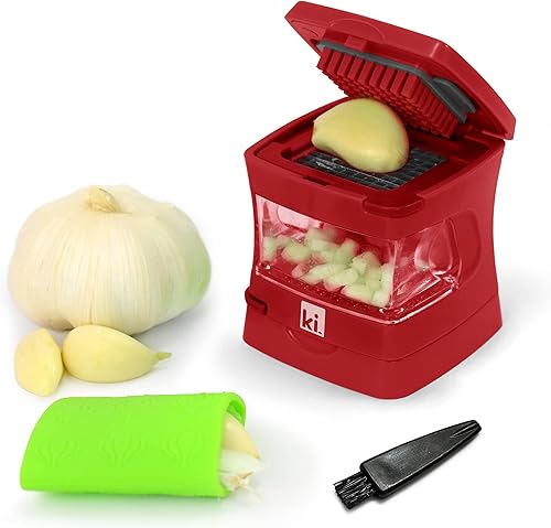 Miniatura 9 de Prensa de ajo Garlic-A-Peel, trituradora, cortadora, picadora y contenedor de almacenamiento - Incluye pelador de ajo de silicona - Fácil de limpiar