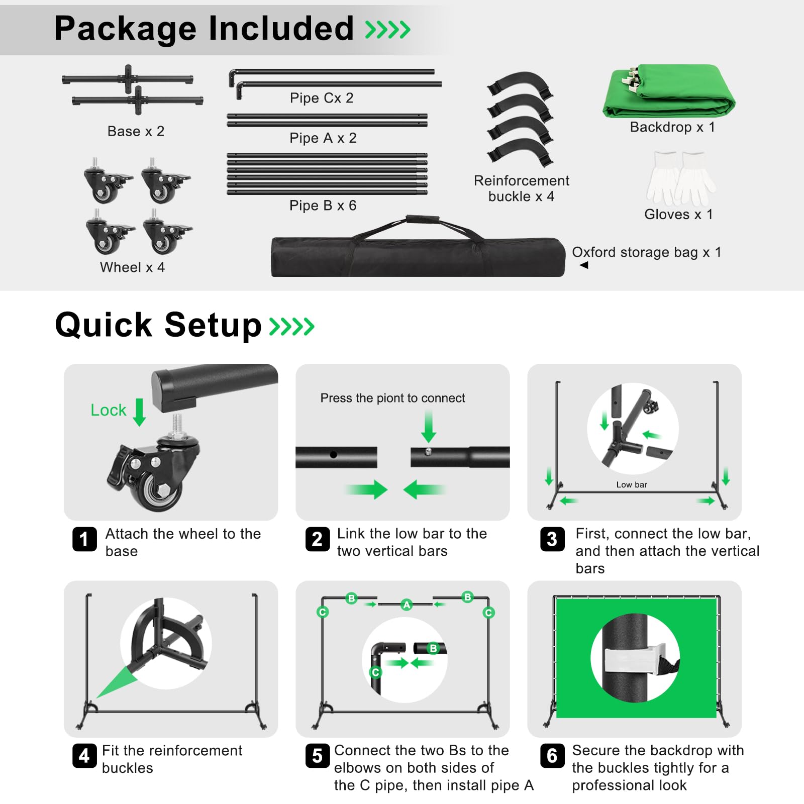 2 x 3 m sfondo verde schermo con kit di sfondo fotografico mobile, sfondo Greenscreen con supporto per streaming, video in studio, riunioni zoom e feste