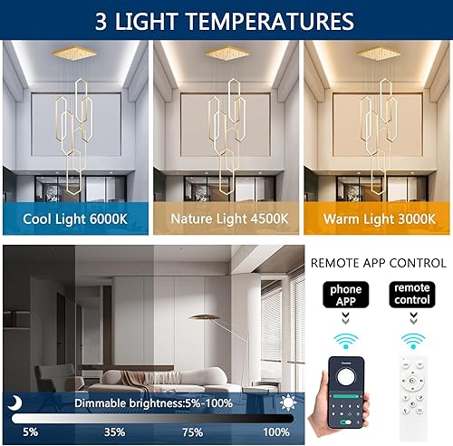 Miniatura 3 de Candelabro moderno de 6 anillos, luz LED dorada contemporánea para entrada de sala de estar, lámparas de techo alto regulables con control remoto