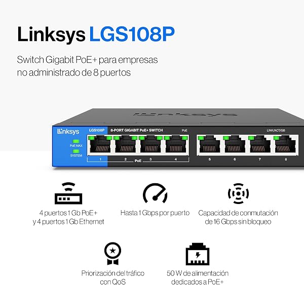 Linksys LGS108P-EU switch de red Gigabit no administrado de 8 puertos con 4 puertos PoE+, hasta 1000 Mbps para empresas y particulares, vigilancia IP, conmutador Ethernet de sobremesa - 2