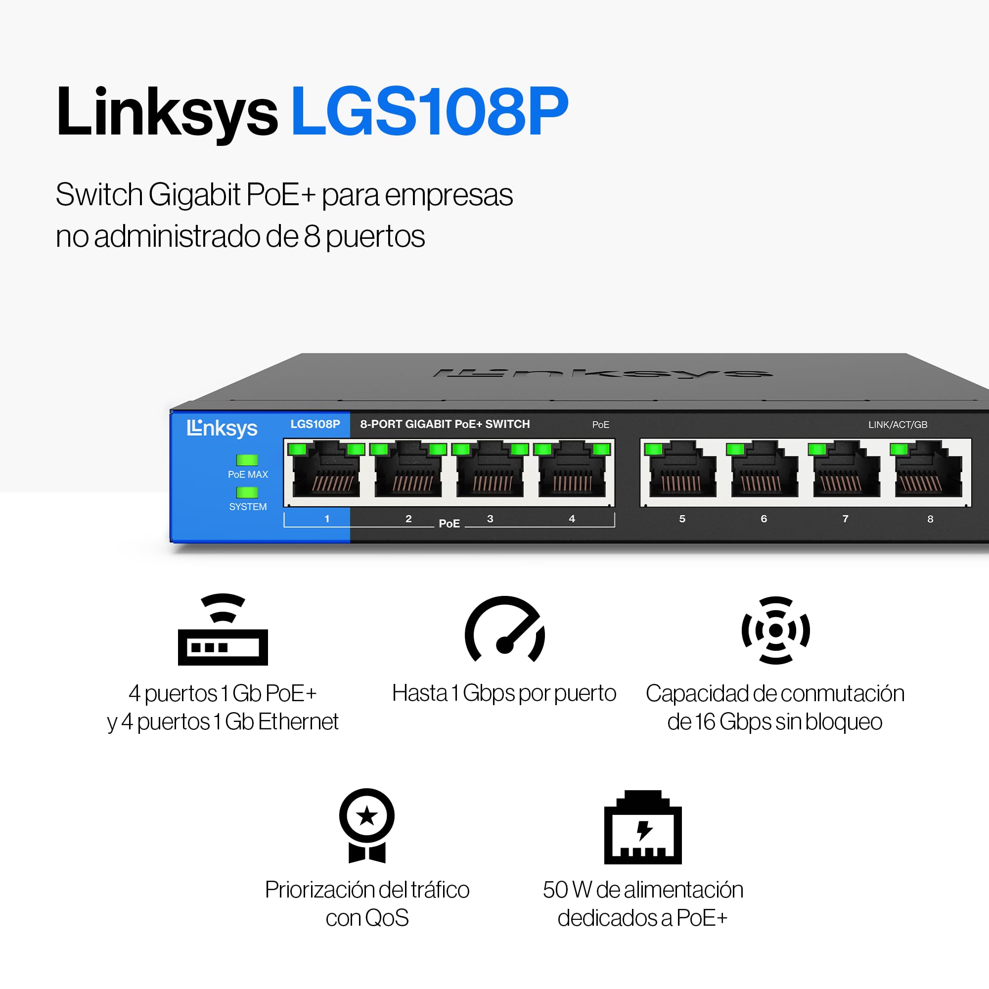 Linksys LGS108P-EU switch de red Gigabit no administrado de 8 puertos con 4 puertos PoE+, hasta 1000 Mbps para empresas y particulares, vigilancia IP, conmutador Ethernet de sobremesa — view 2
