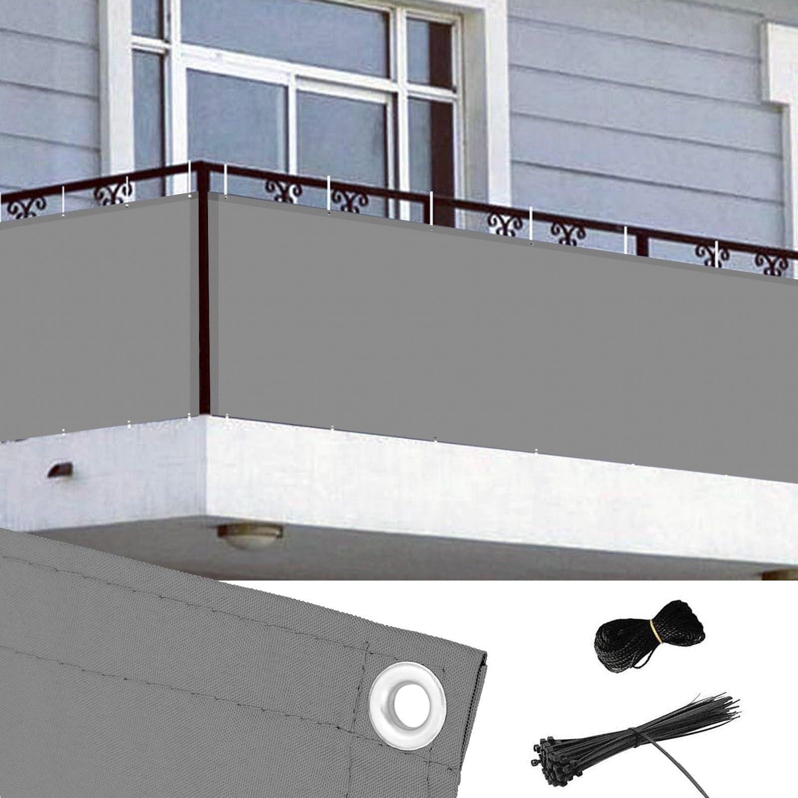 Brise vue renforcé gris 1x3,4m en PES opaque pour la protection du balcon