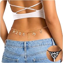 Sexy Leopard Print G-String Thong for Women, Adjustable Chain Panties with Rhinestone Letter Charms