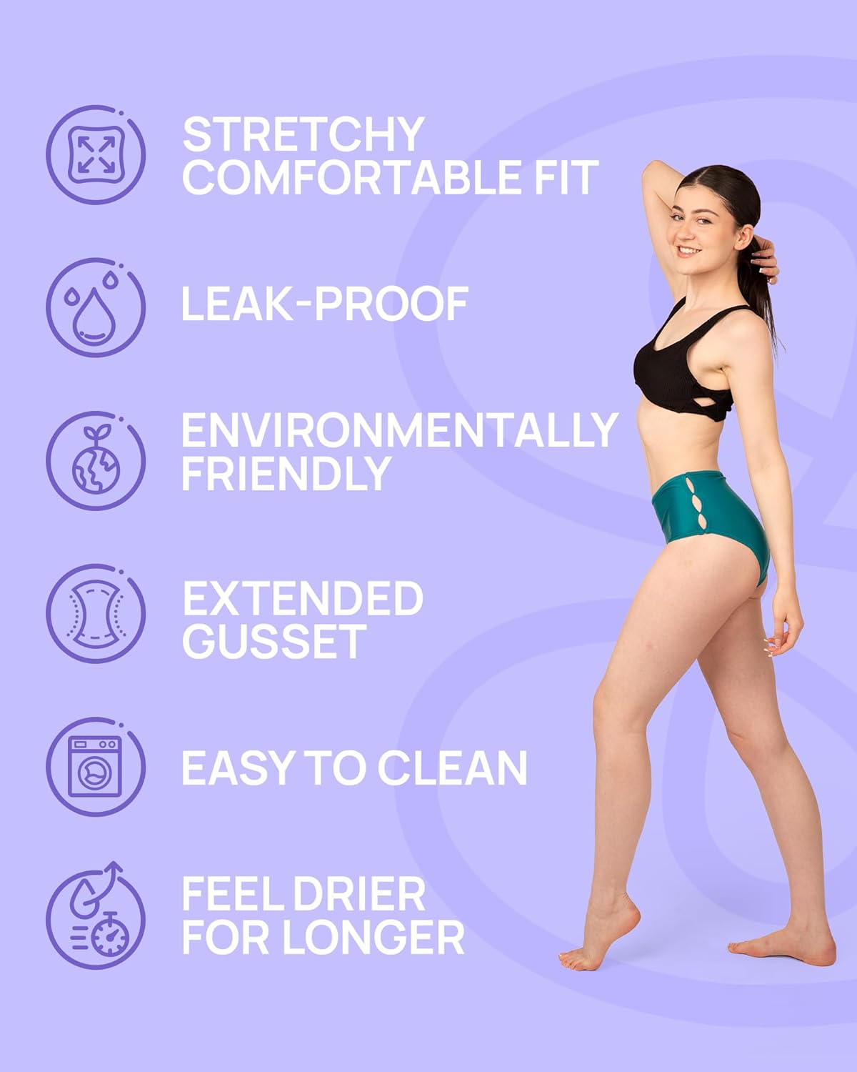 Period Swimwear - Black Menstrual Leakproof Bikini Bottom - Slotted High Waisted Swim Bottoms for Teens, Girls, Women - Image 3