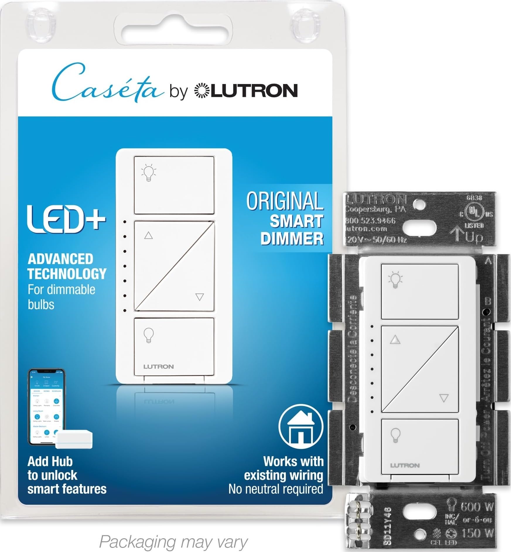Lutron Caseta Smart Dimmer Switch (Smart Hub Required), No Neutral Required | For Caseta Systems, for Dimmable LED Lights, 150 Watt, Single-Pole/3-Way, PD-6WCL-WH, White White 1 Pack Smart Dimmer