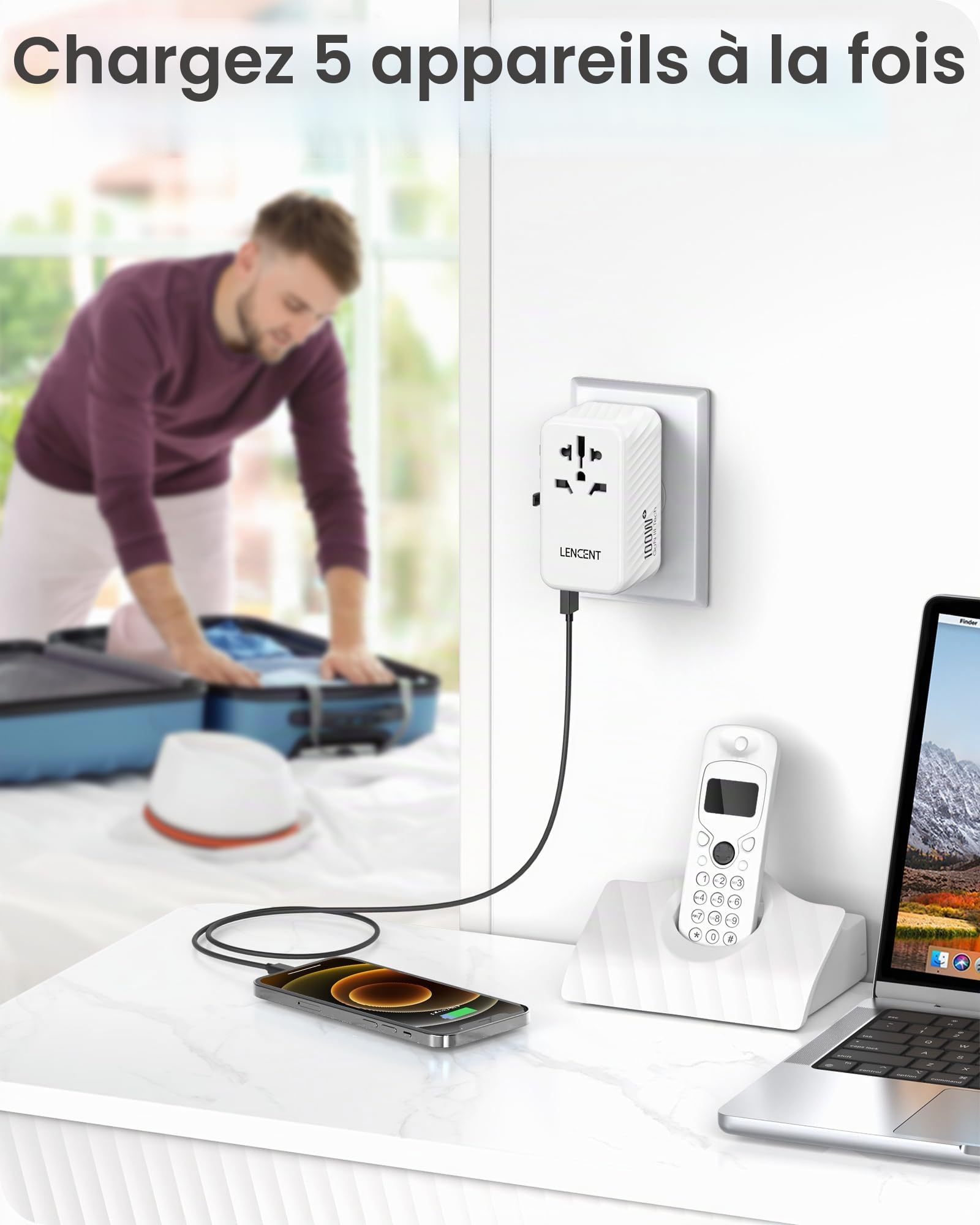LENCENT 100W GaN3 Adaptateur Prise électrique 2 PD3,0 USB C+2 QC USB A