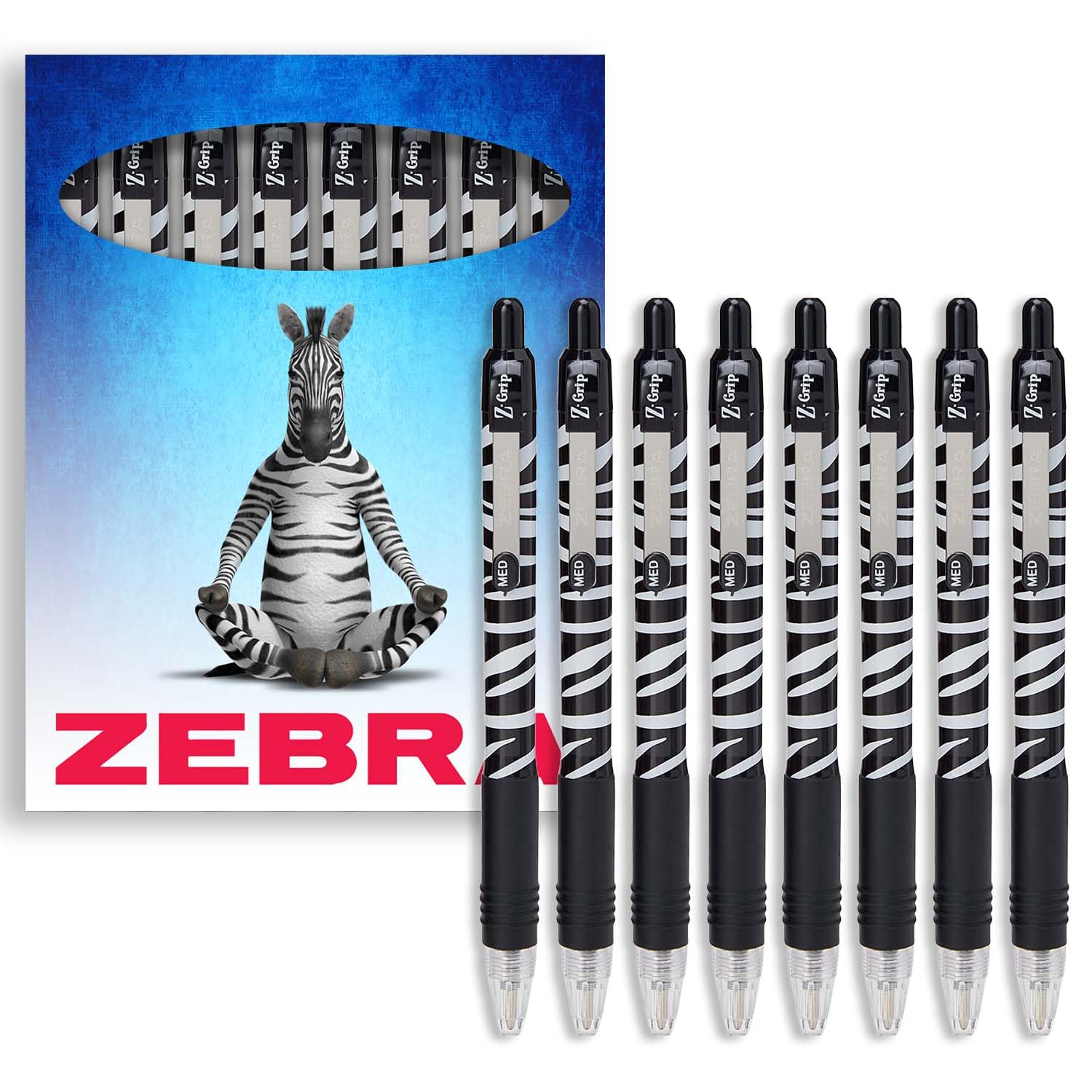 Zebra Z-Grip Pen Funky - Animal Pattern Novelty Retractable Ballpoint Pens - Black Ink - In Envelope Gift Packaging - 8 Pack (Zebra)