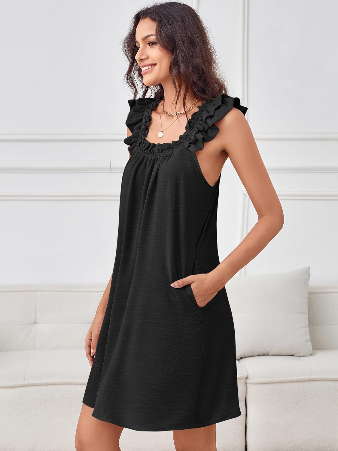 ANRABESS Summer Dress for Women 2026 Casual Sleeveless Square Neck Ruffle Strap Beach Vacation Sundress with Pockets