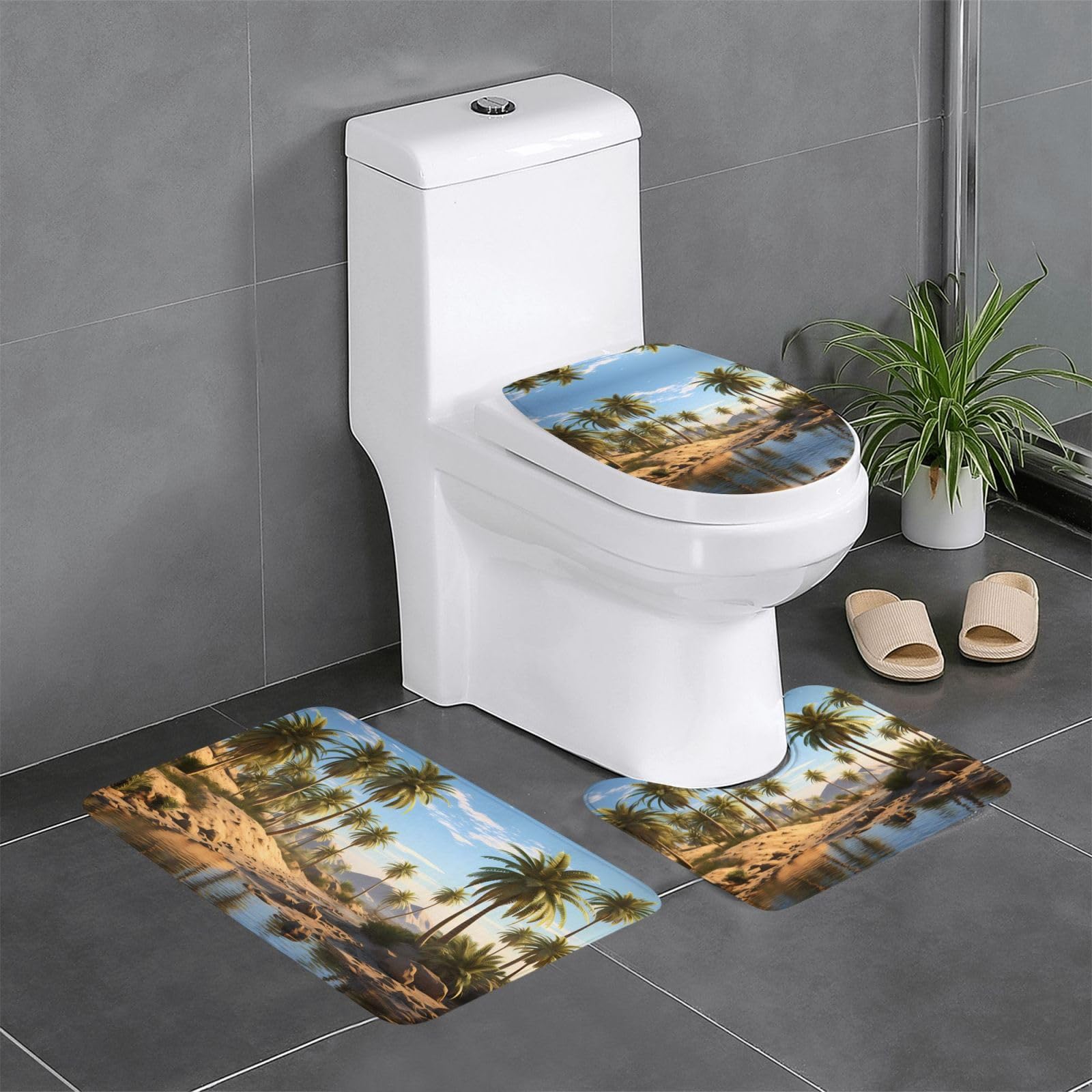 Tapis de bain antidérapant lot de 3 absorbant motif palmier pour WC et coiffeuse